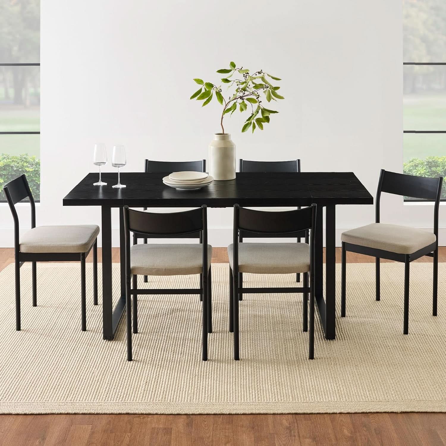 Six Seat Contemporary Dining Set Black Upholstered