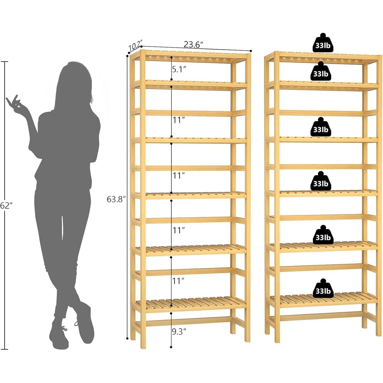 Six Tier Adjustable Bamboo Bookshelf Tall 63 Inch Natural