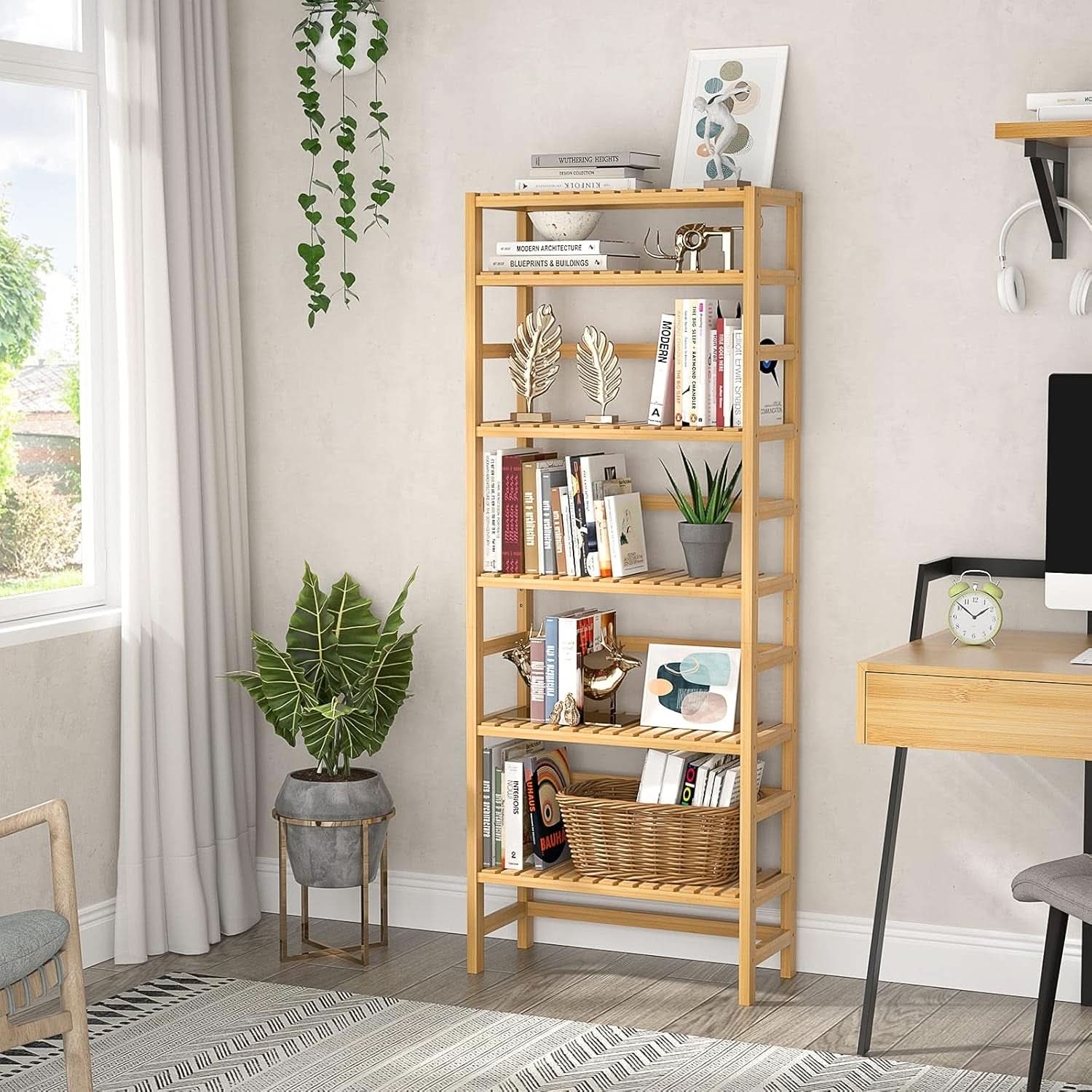 Six Tier Adjustable Bamboo Bookshelf Tall 63 Inch Natural