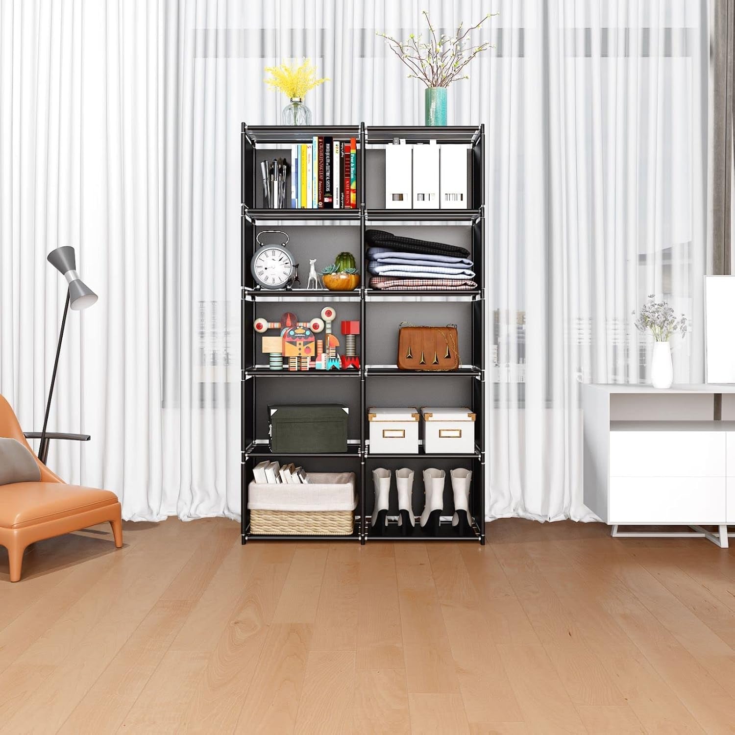 Six Tier Movable Bookshelf With Durable Fabric Steel Frame