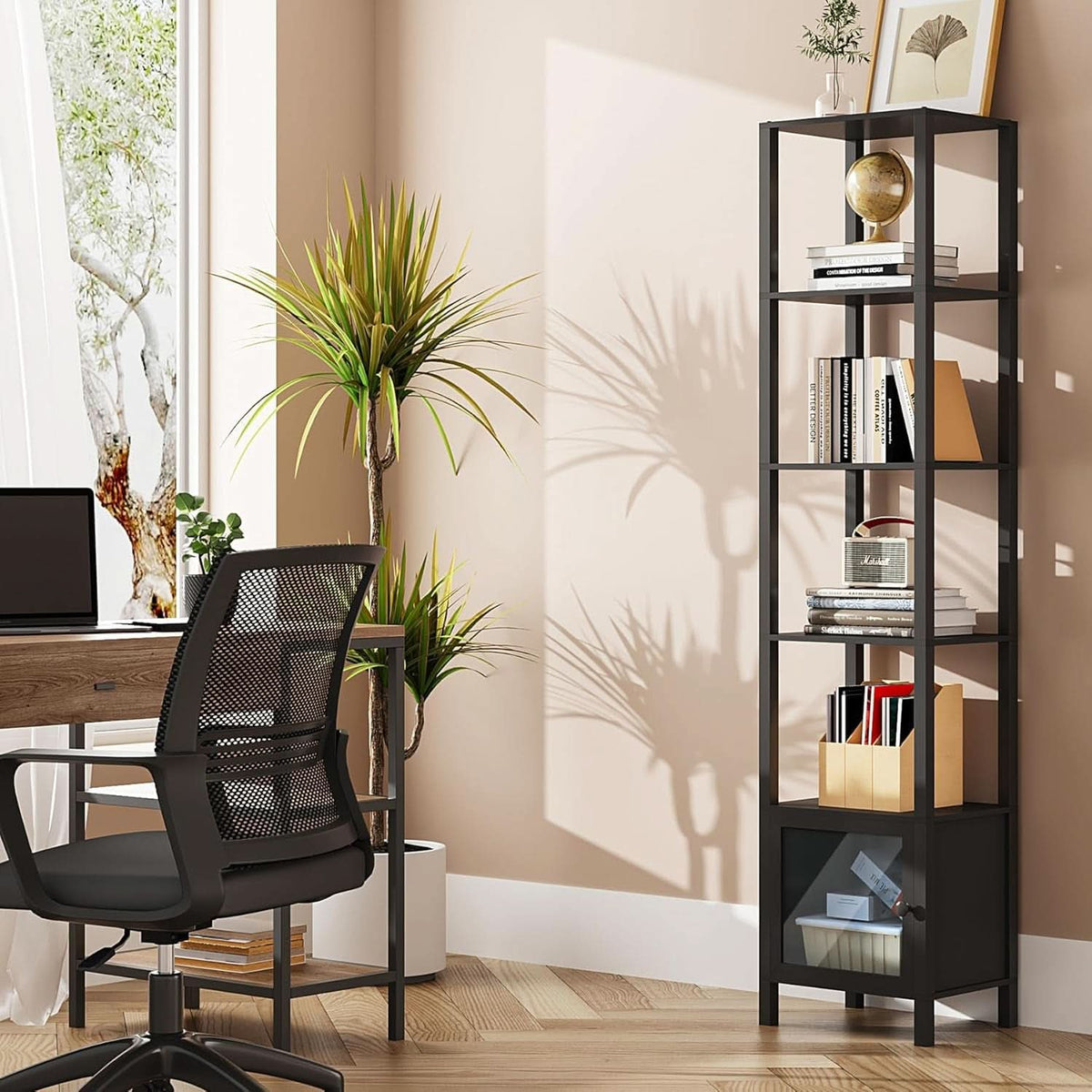 Six Tier Narrow Bookshelf With Door Black For Small Spaces