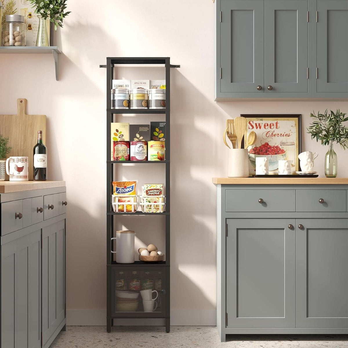Six Tier Narrow Bookshelf With Door Black For Small Spaces