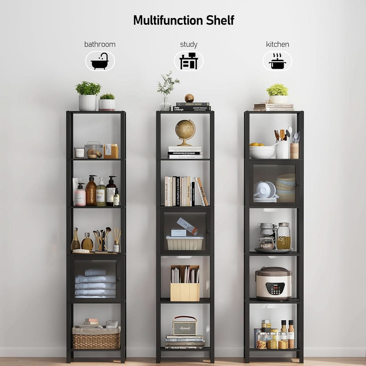 Six Tier Narrow Bookshelf With Door Black For Small Spaces