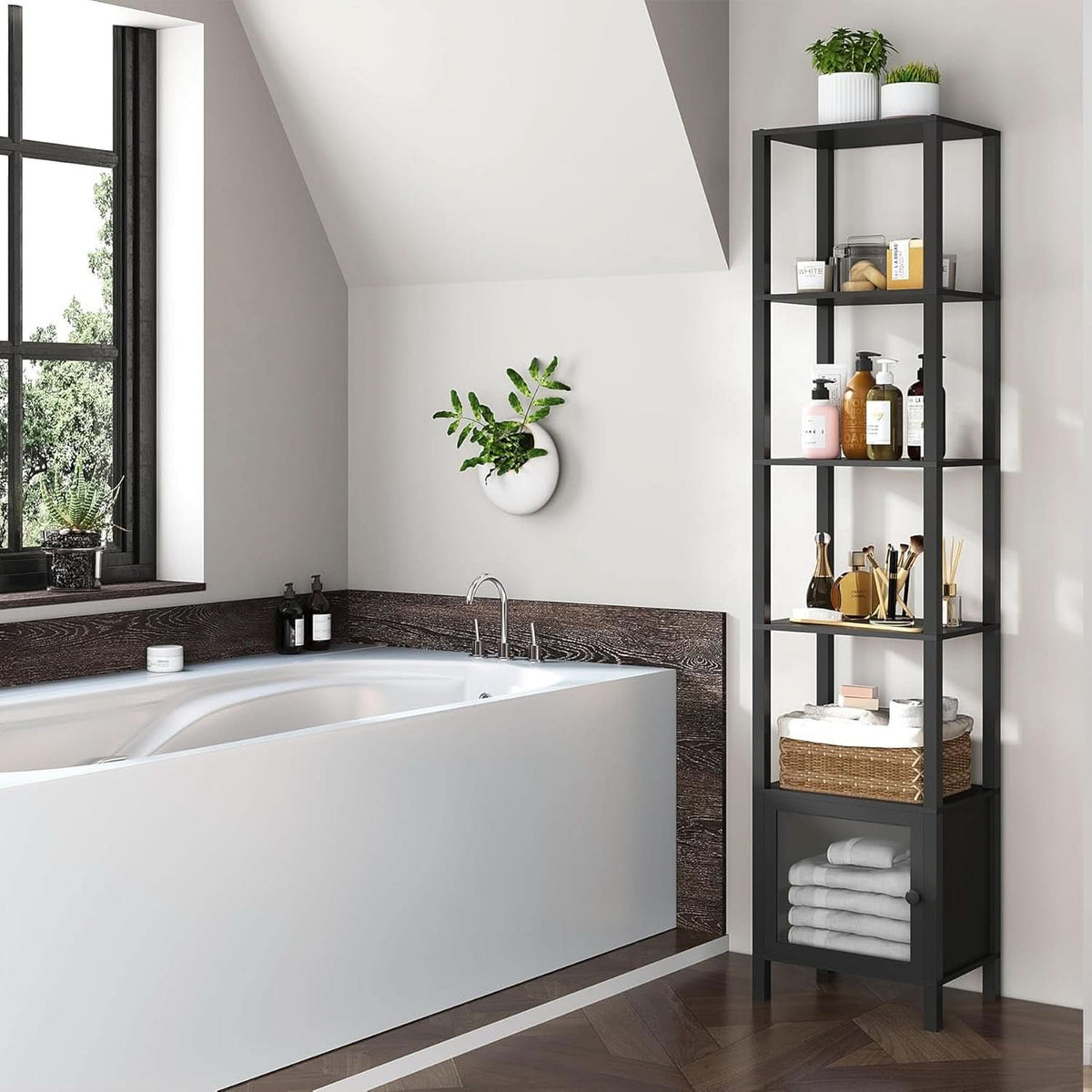 Six Tier Narrow Bookshelf With Door Black For Small Spaces