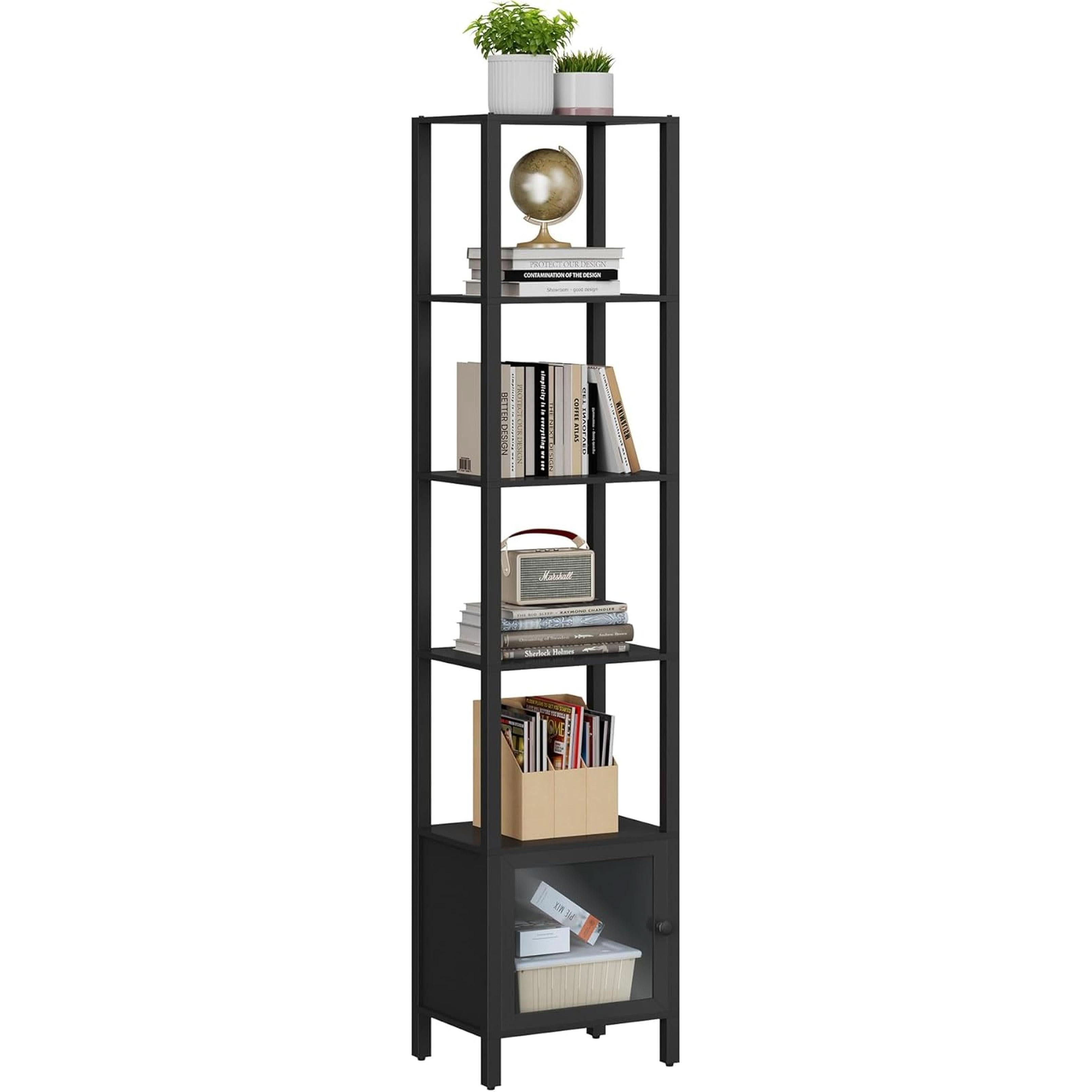 Six Tier Narrow Bookshelf With Door Black For Small Spaces