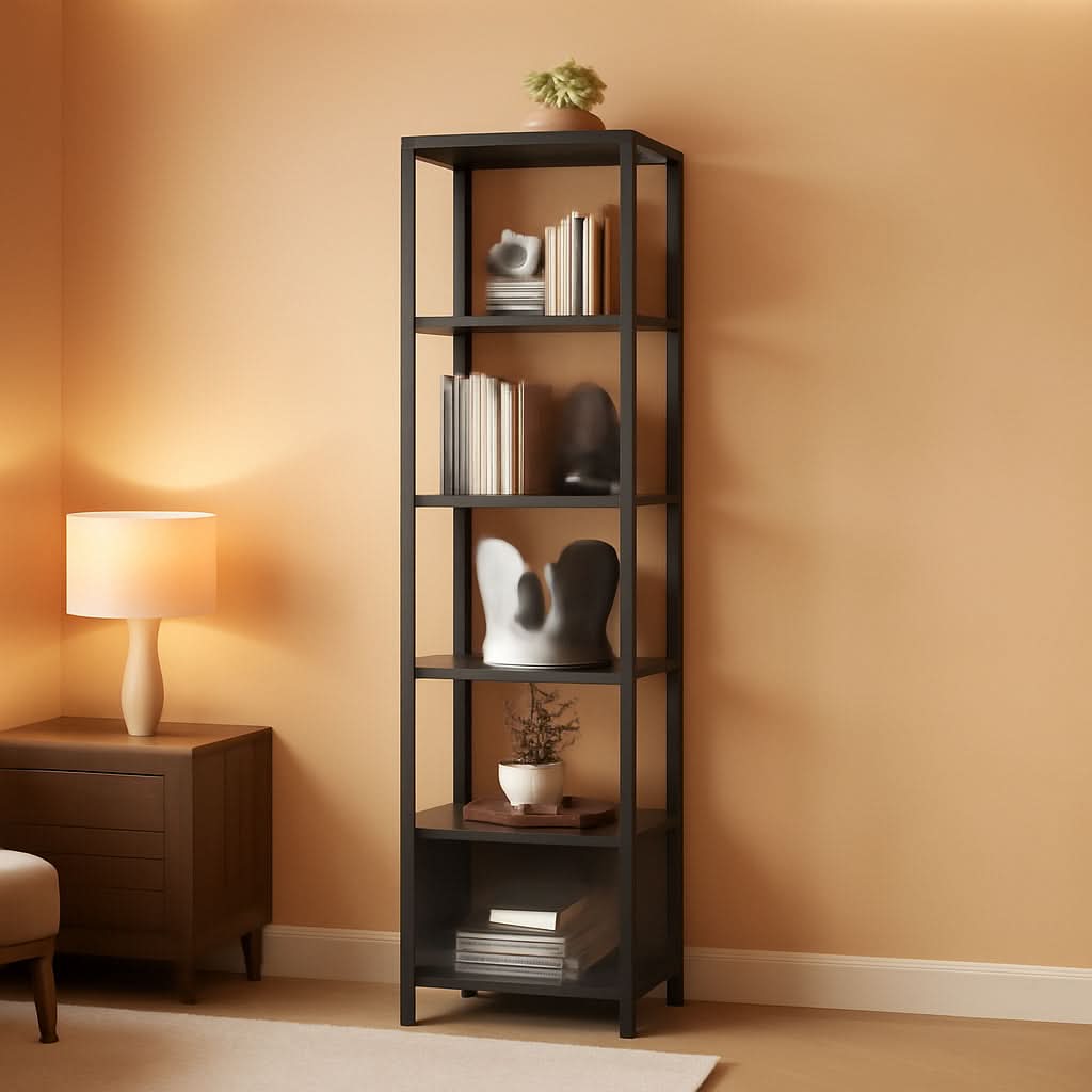 Six Tier Narrow Bookshelf With Door Black For Small Spaces
