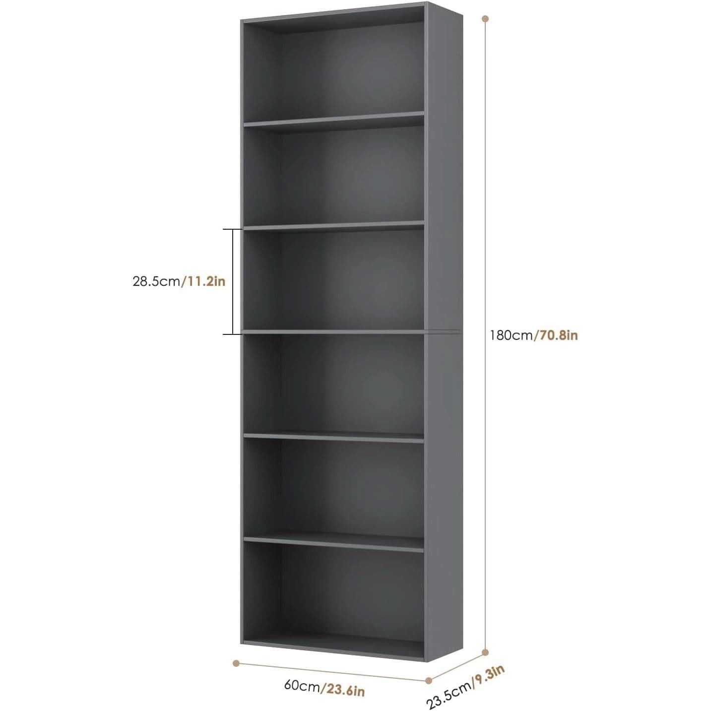 Six Tier Open Bookcase Freestanding Dark Gray Storage