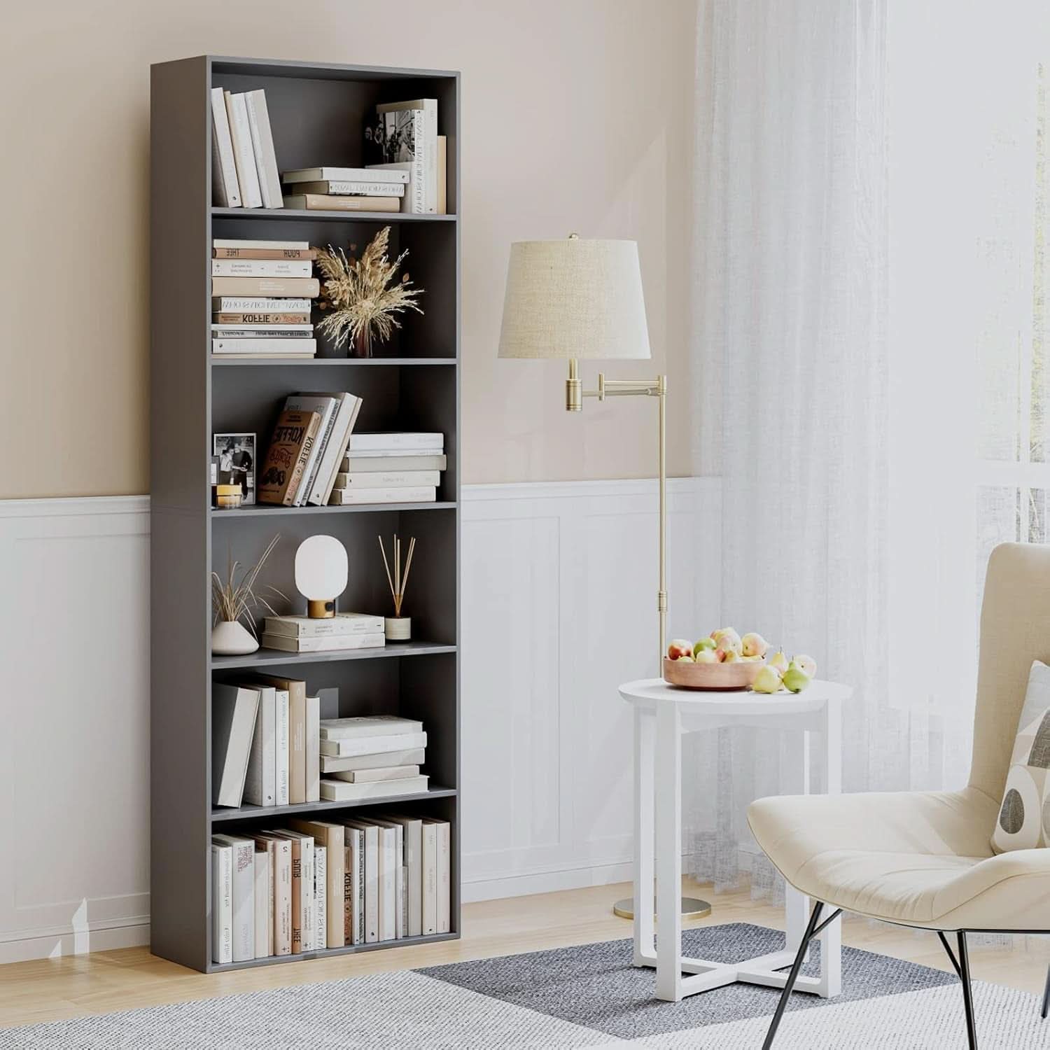 Six Tier Open Bookcase Freestanding Dark Gray Storage