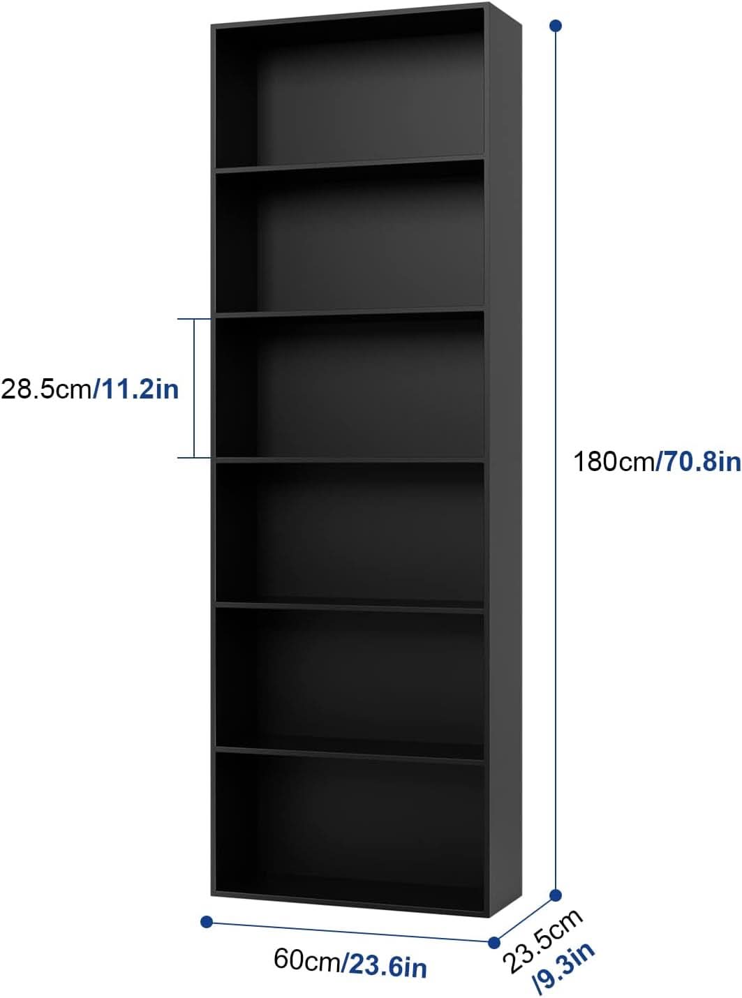 Six Tier Open Bookcase Tall Freestanding Shelving Black