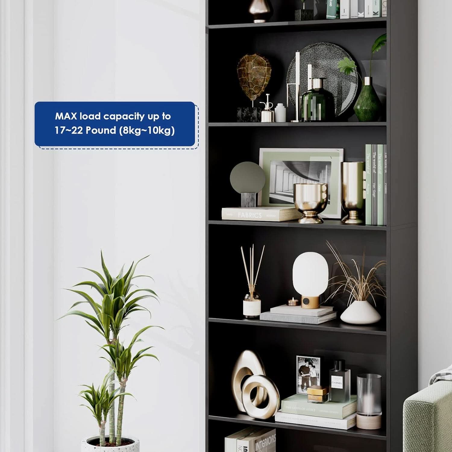 Six Tier Open Bookcase Tall Freestanding Shelving Black