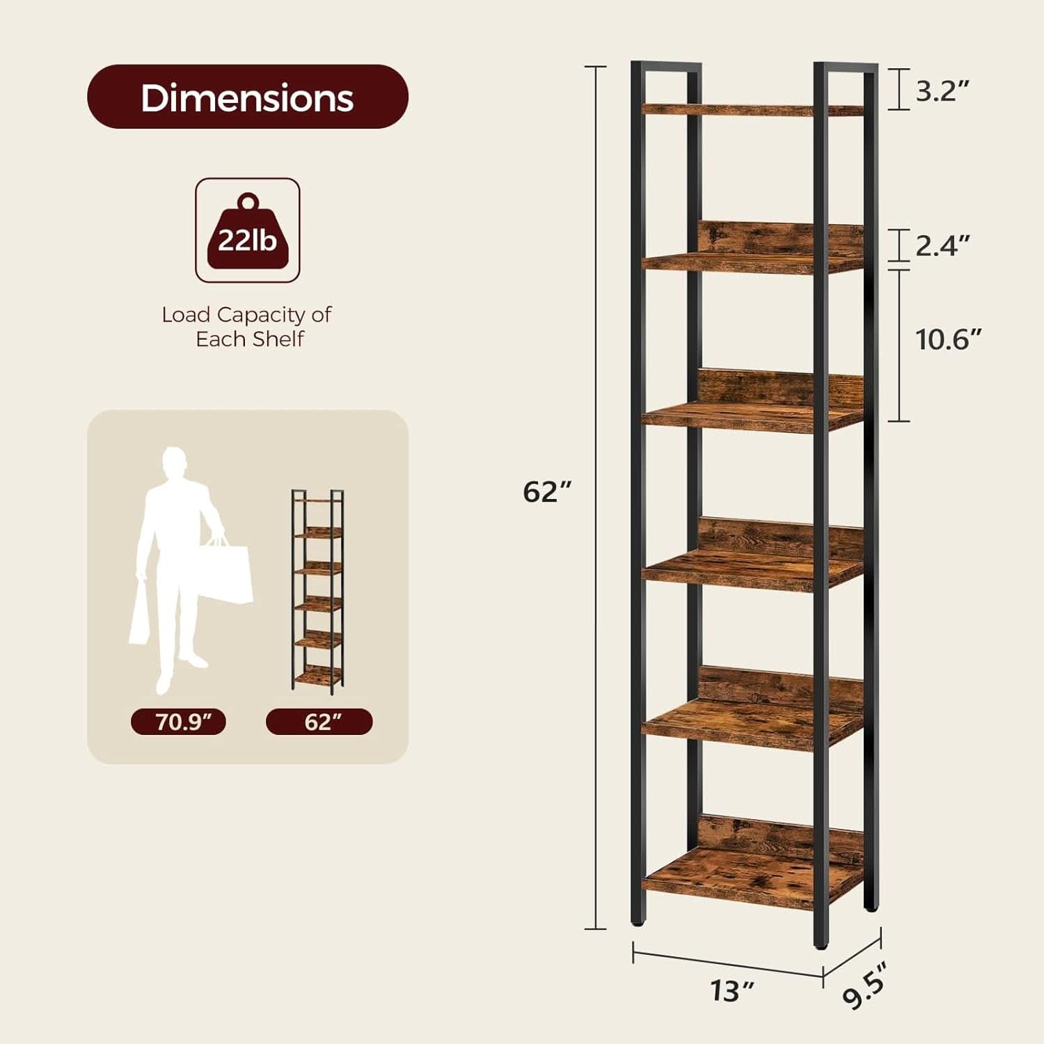 Six Tier Standing Bookcase In Rustic Brown And Black For Small Spaces