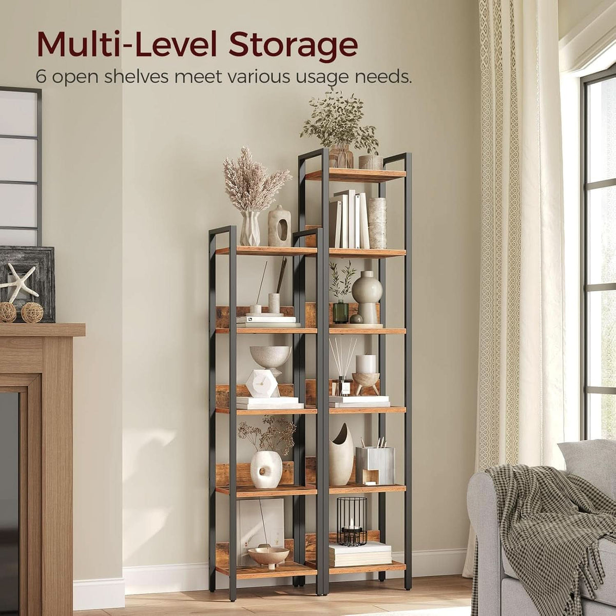 Six Tier Standing Bookcase In Rustic Brown And Black For Small Spaces
