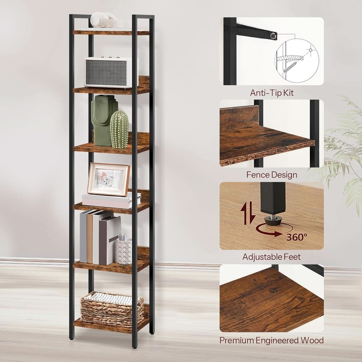 Six Tier Standing Bookcase In Rustic Brown And Black For Small Spaces