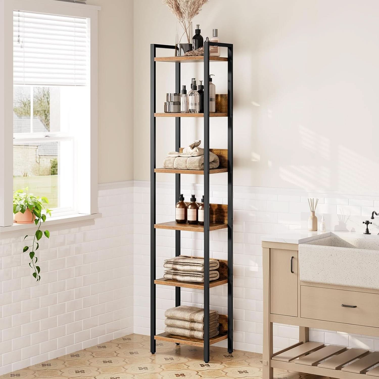 Six Tier Standing Bookcase In Rustic Brown And Black For Small Spaces