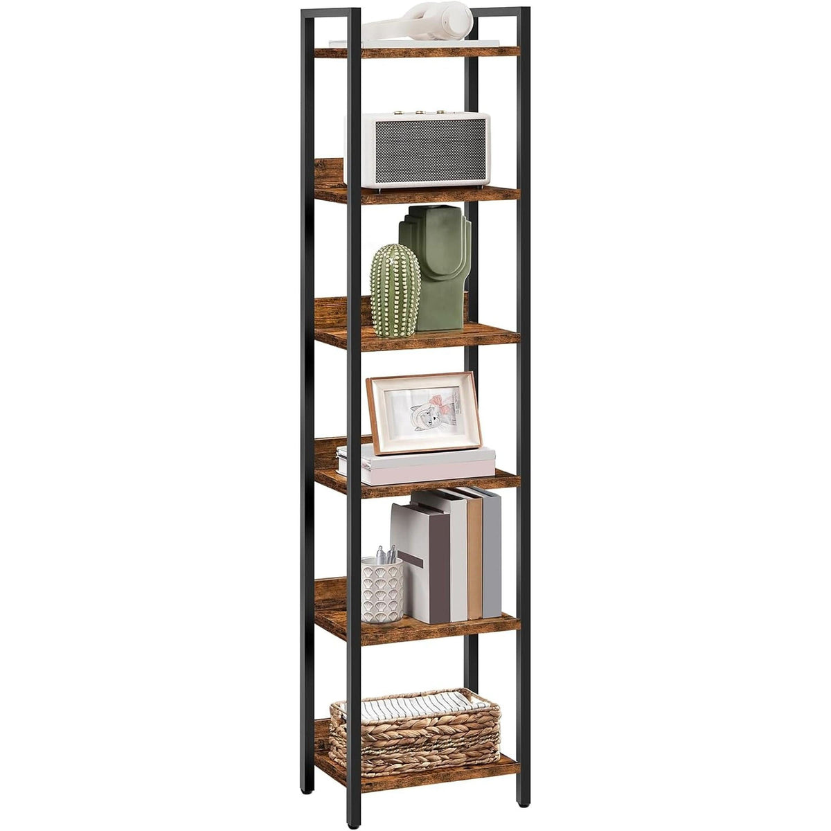 Six Tier Standing Bookcase In Rustic Brown And Black For Small Spaces
