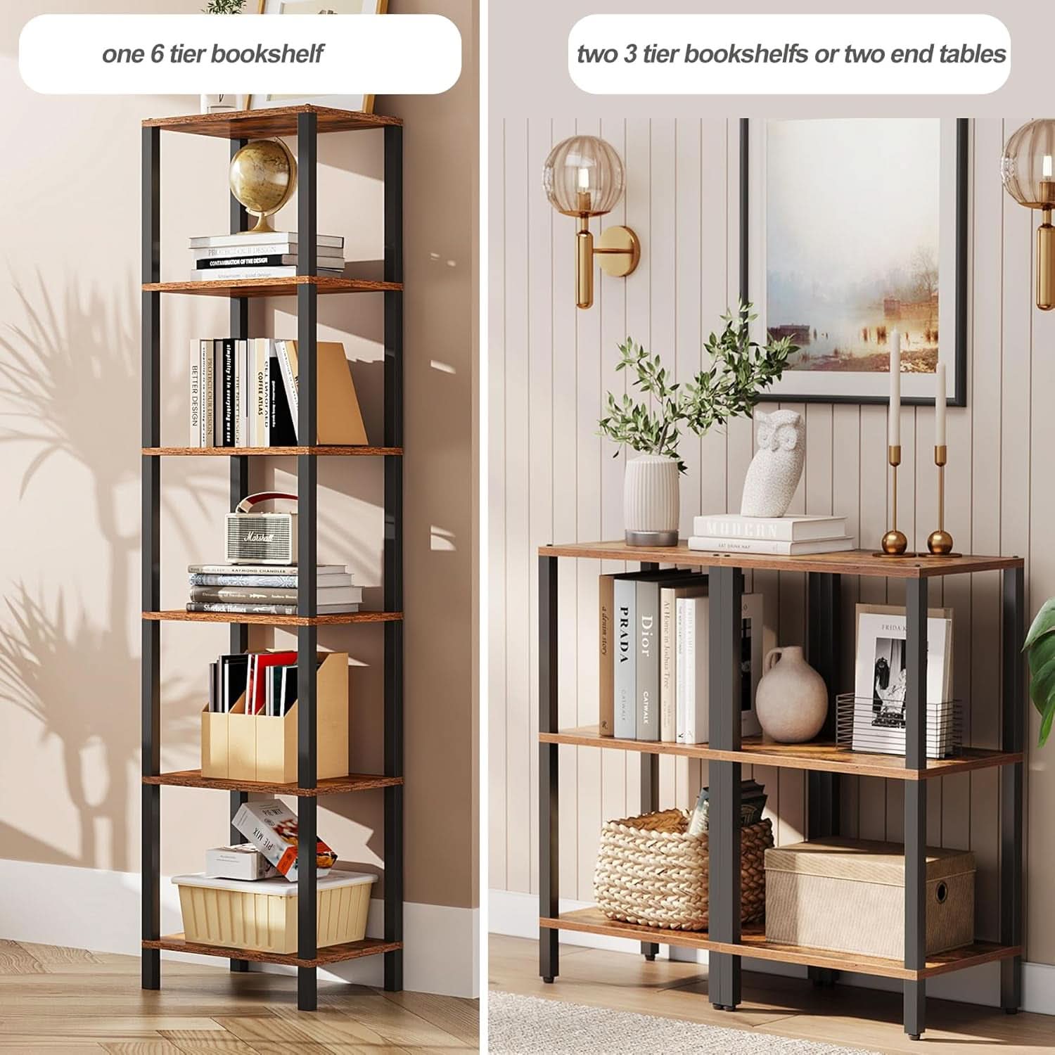 Six Tier Tall Bookshelf Narrow Rustic Brown Bookcase