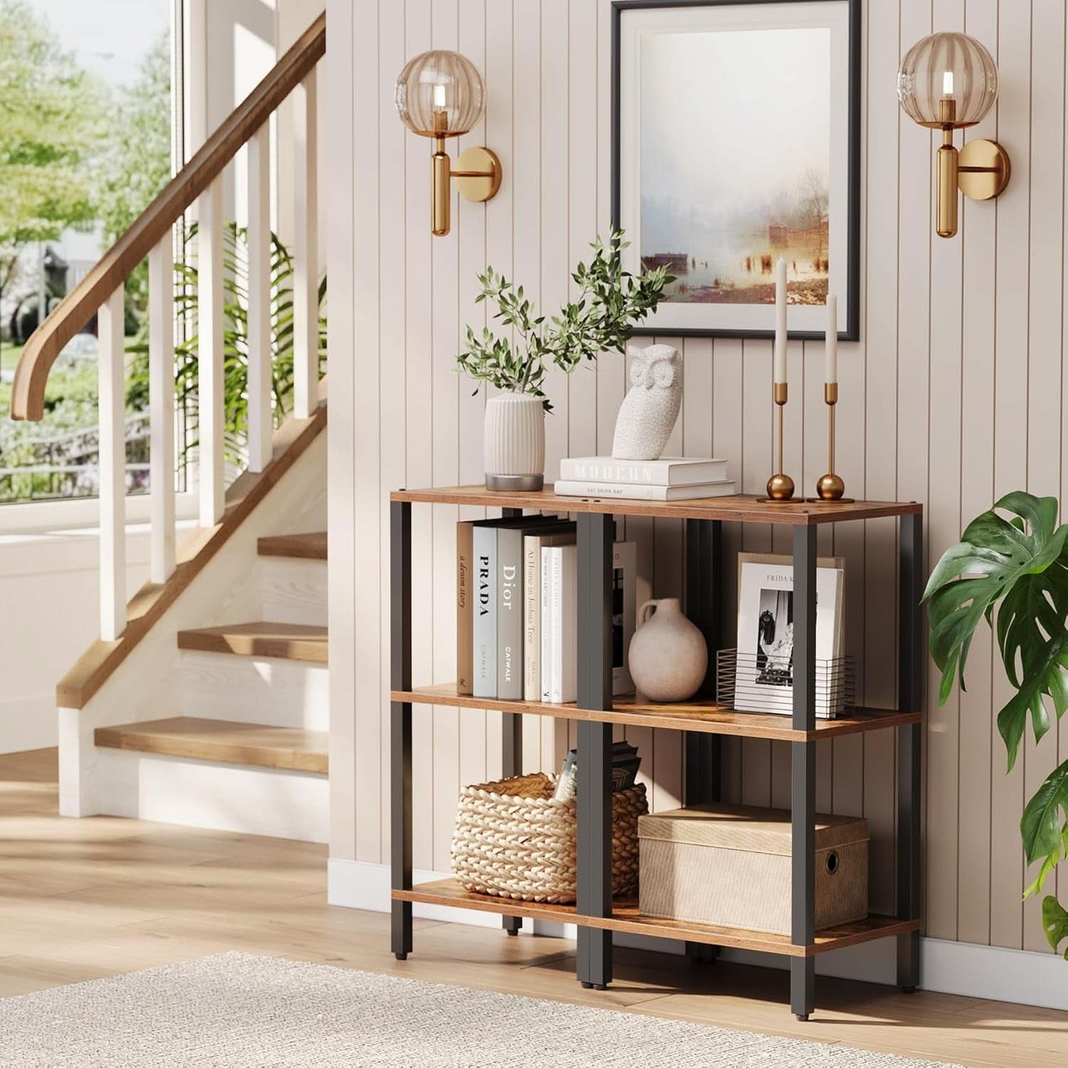 Six Tier Tall Bookshelf Narrow Rustic Brown Bookcase