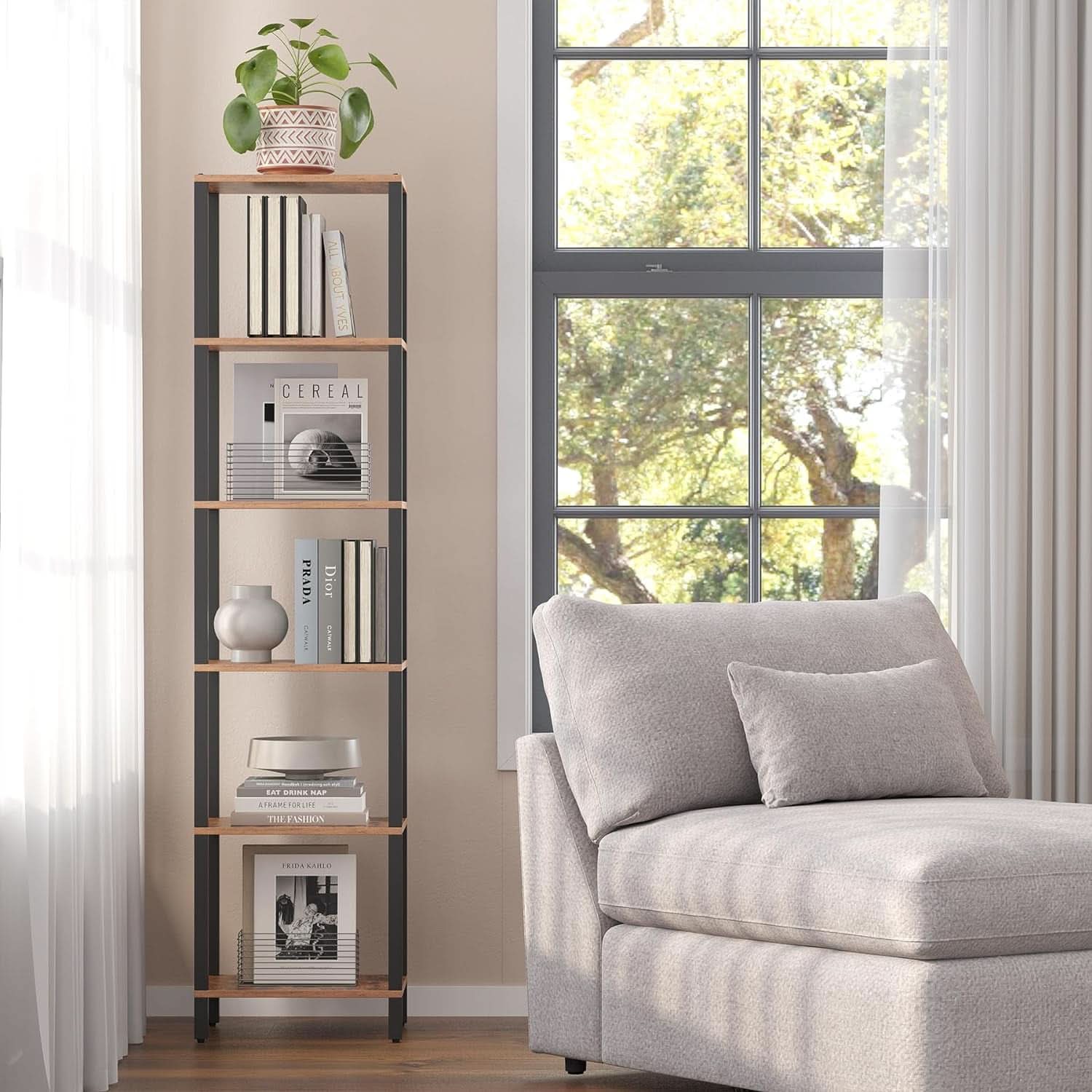 Six Tier Tall Bookshelf Narrow Rustic Brown Bookcase