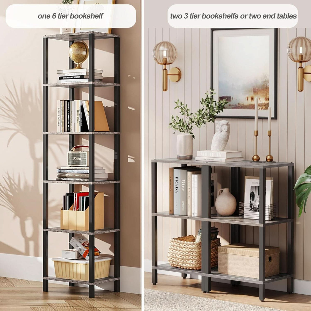 Six Tier Tall Narrow Bookshelf Greige Black For Living Room Office
