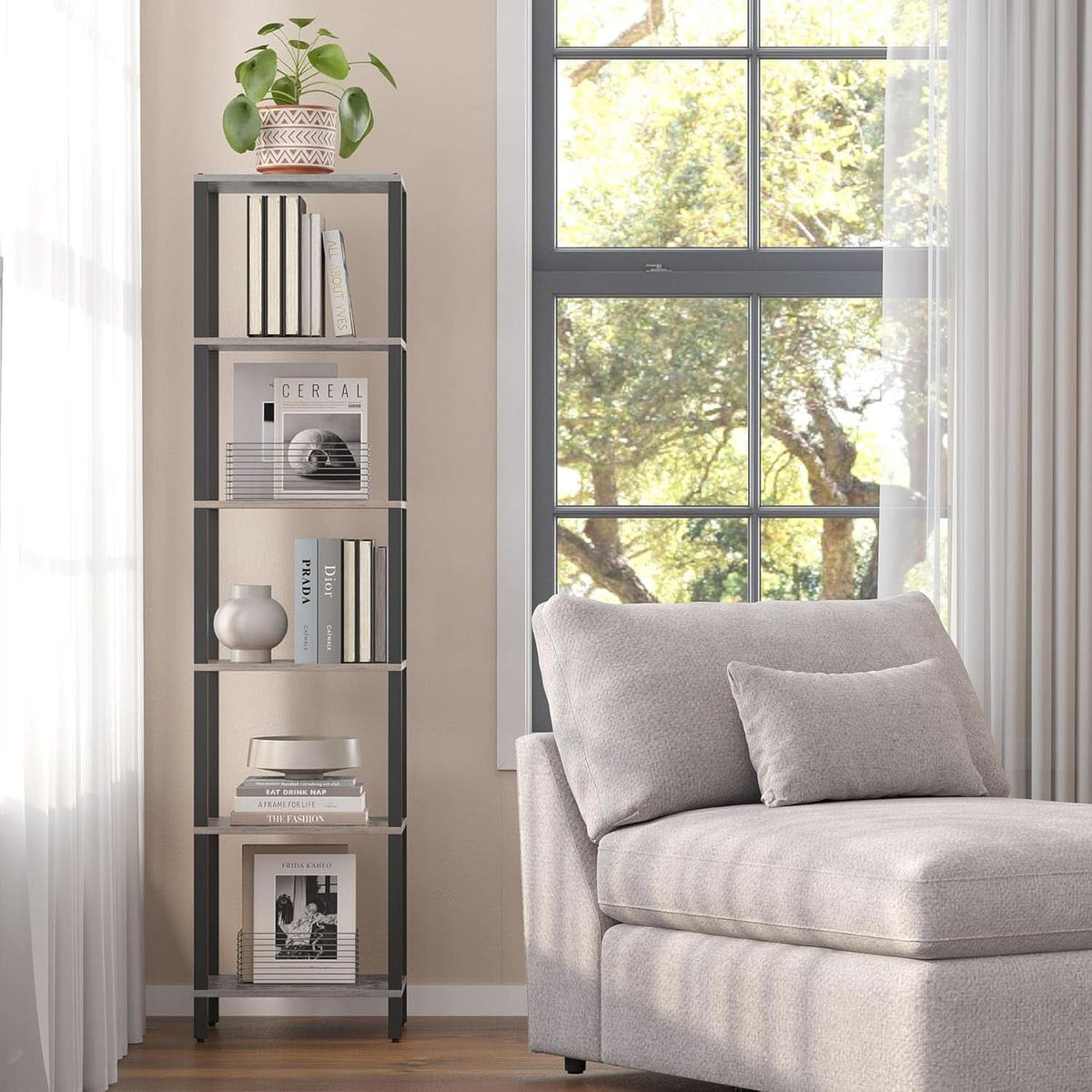 Six Tier Tall Narrow Bookshelf Greige Black For Living Room Office