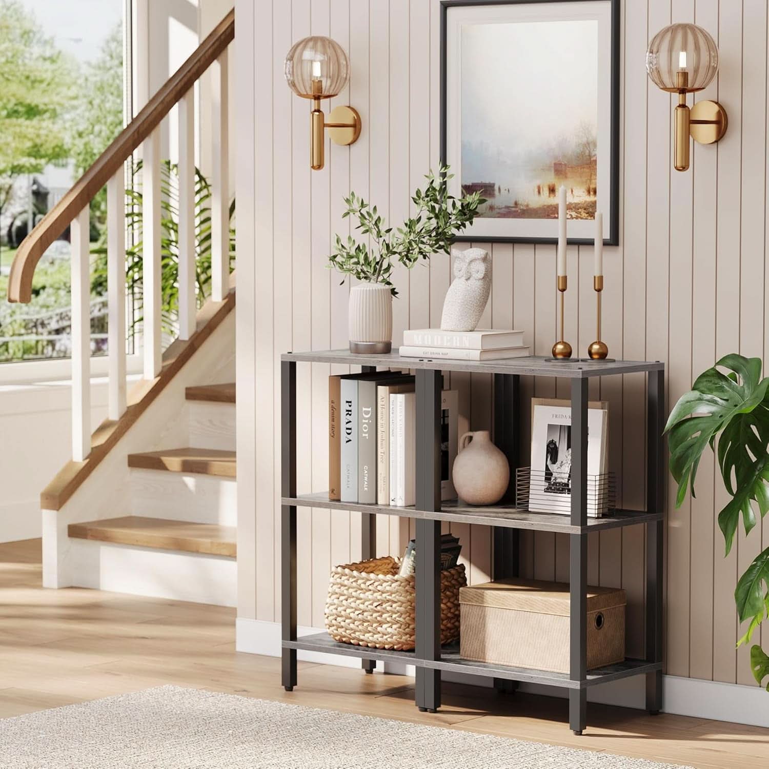 Six Tier Tall Narrow Bookshelf Greige Black For Living Room Office