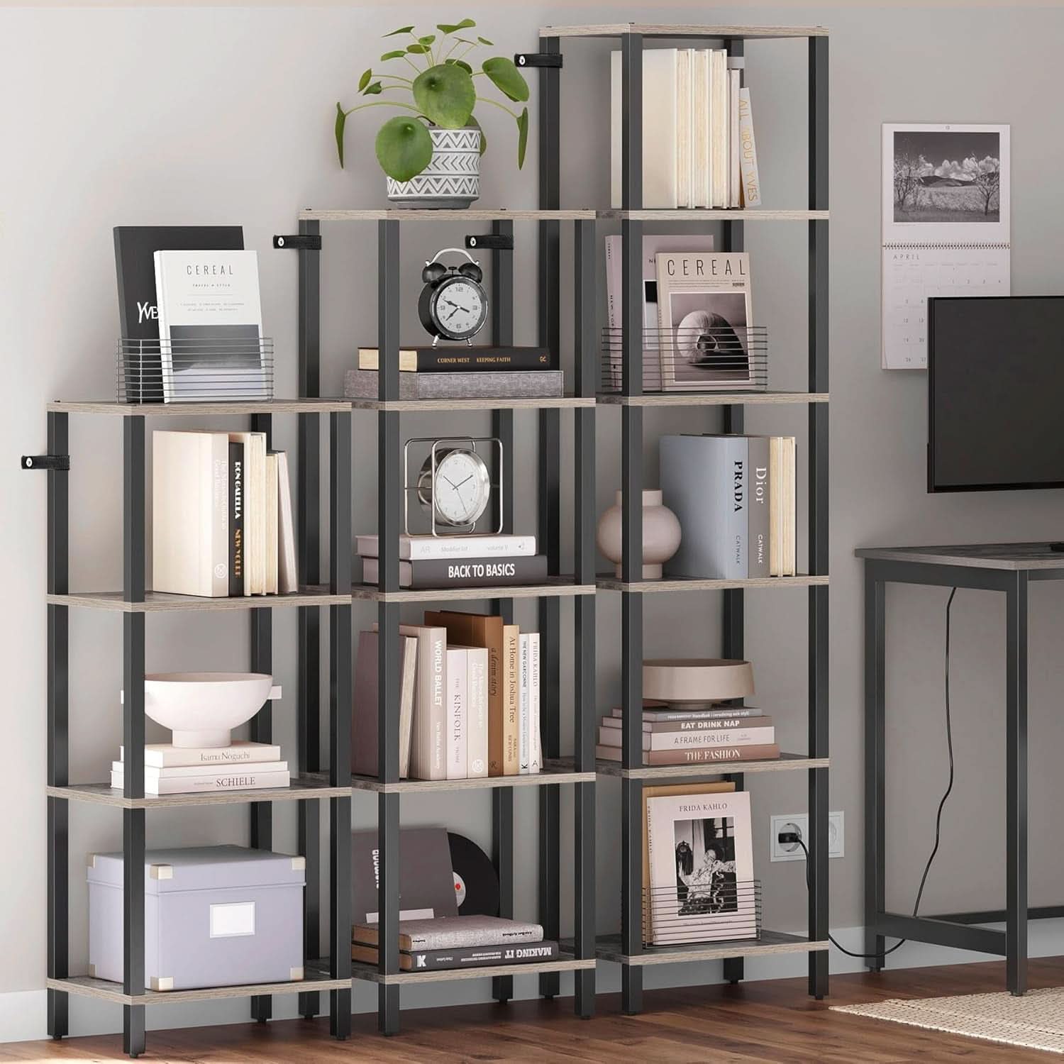 Six Tier Tall Narrow Bookshelf Greige Black For Living Room Office