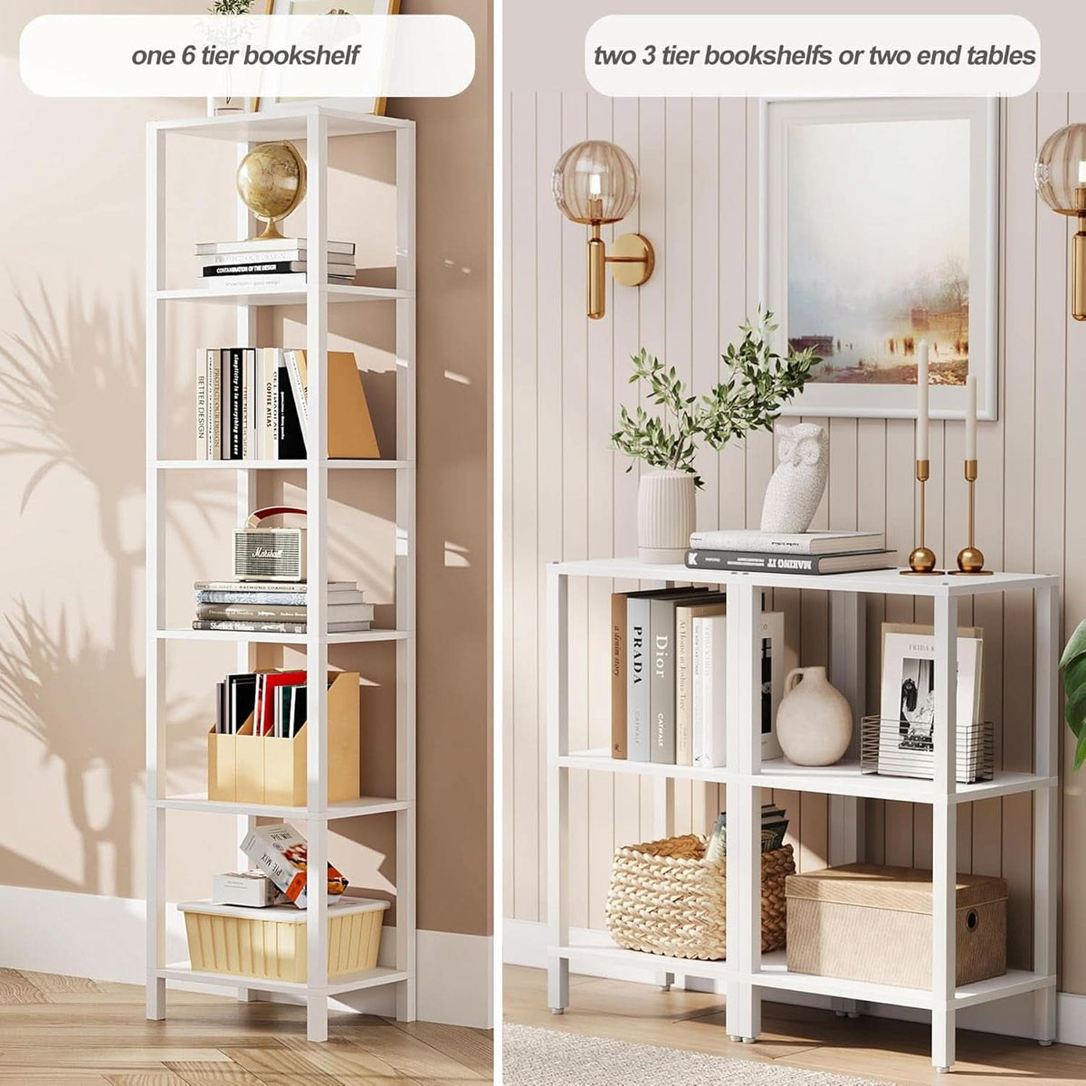 Six Tier Tall White Bookshelf For Small Spaces Living Room