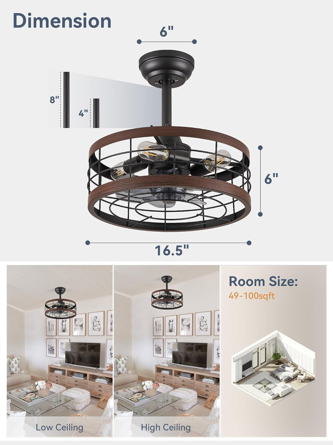 Sixteen Inch Bladeless Ceiling Fan With Light Remote Walnut