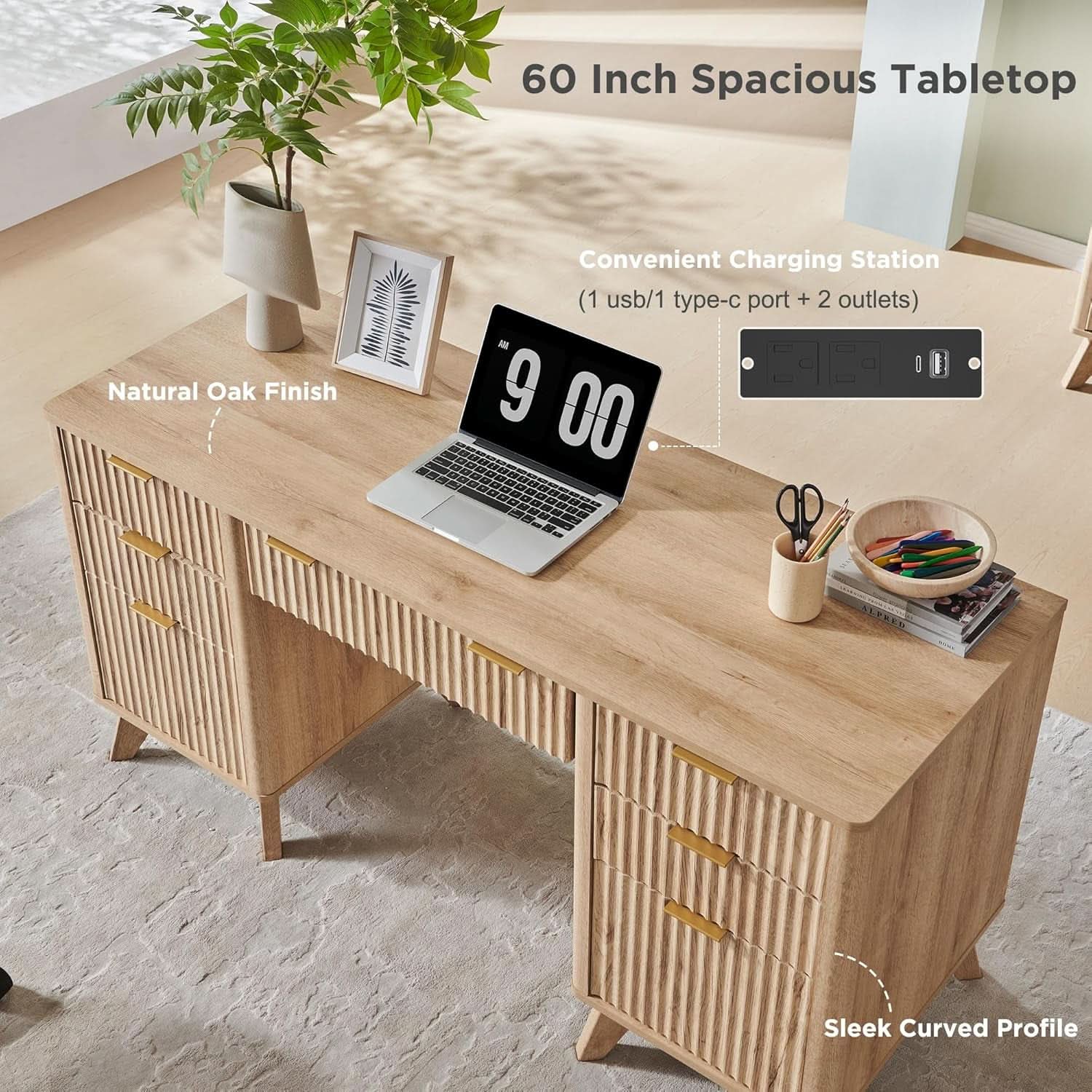 Sixty Inch Fluted Desk With Charging Station Included