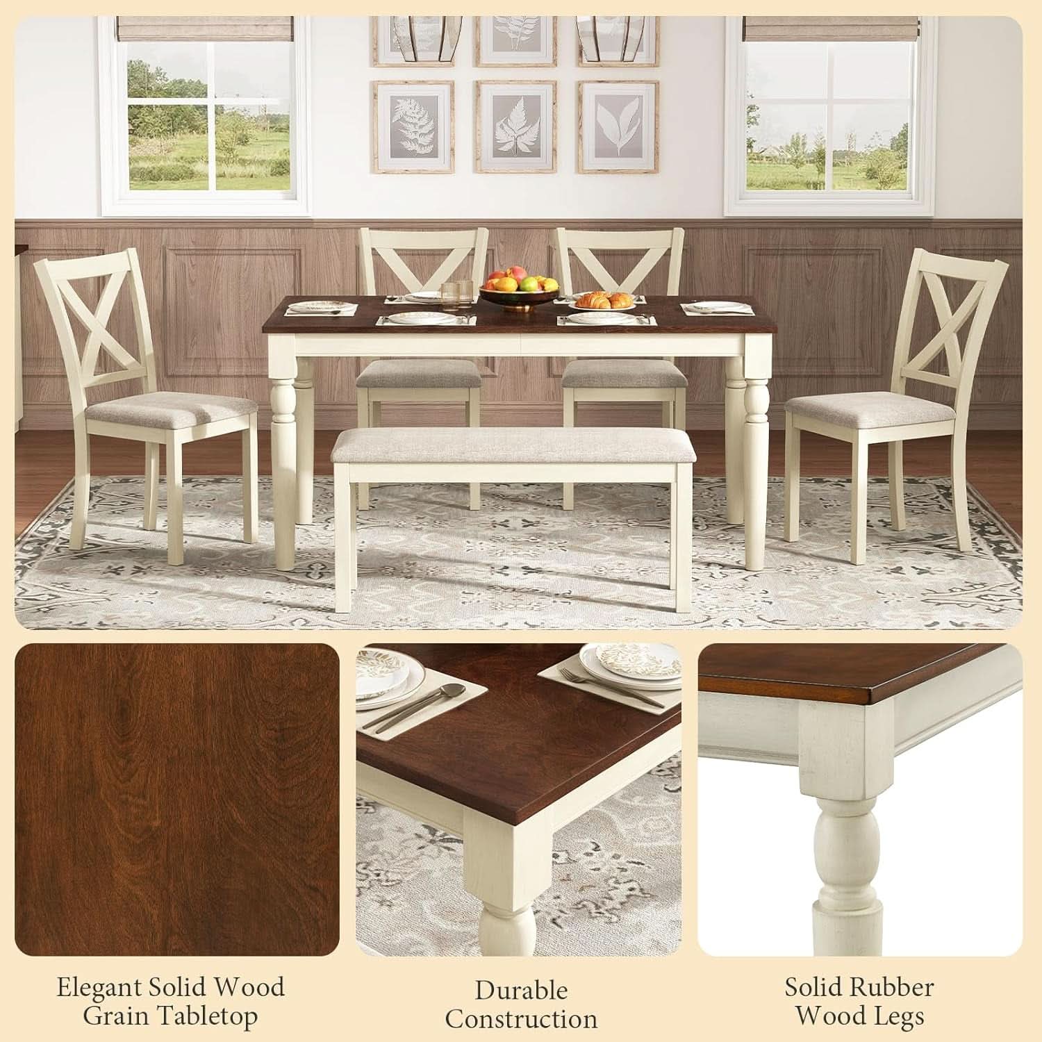 Sixty Inch Solid Wood Walnut Finish Dining Table Set Upholstered Chairs