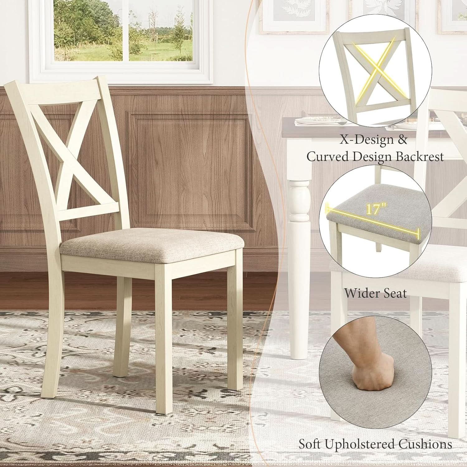 Sixty Inch Solid Wood Walnut Finish Dining Table Set Upholstered Chairs