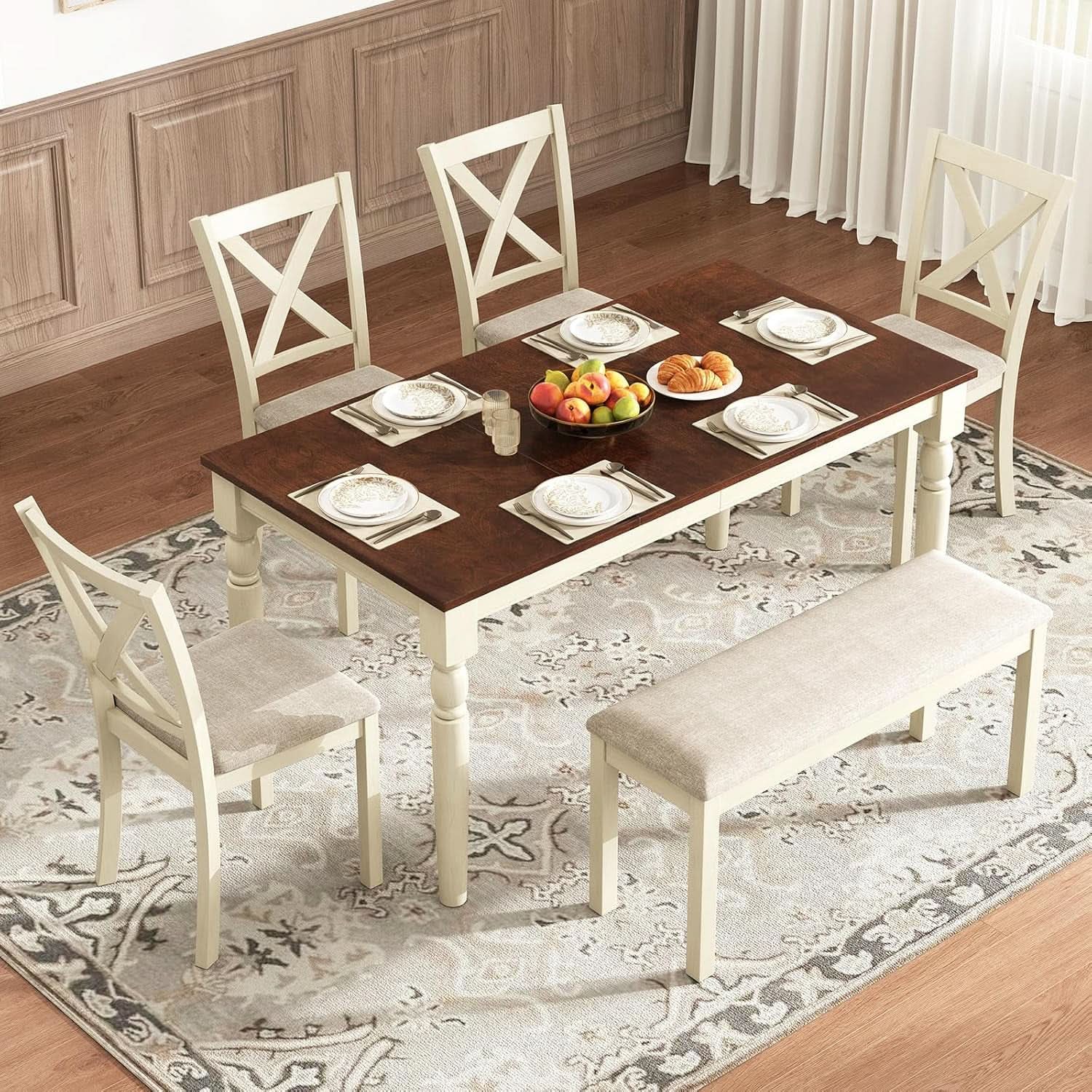 Sixty Inch Solid Wood Walnut Finish Dining Table Set Upholstered Chairs