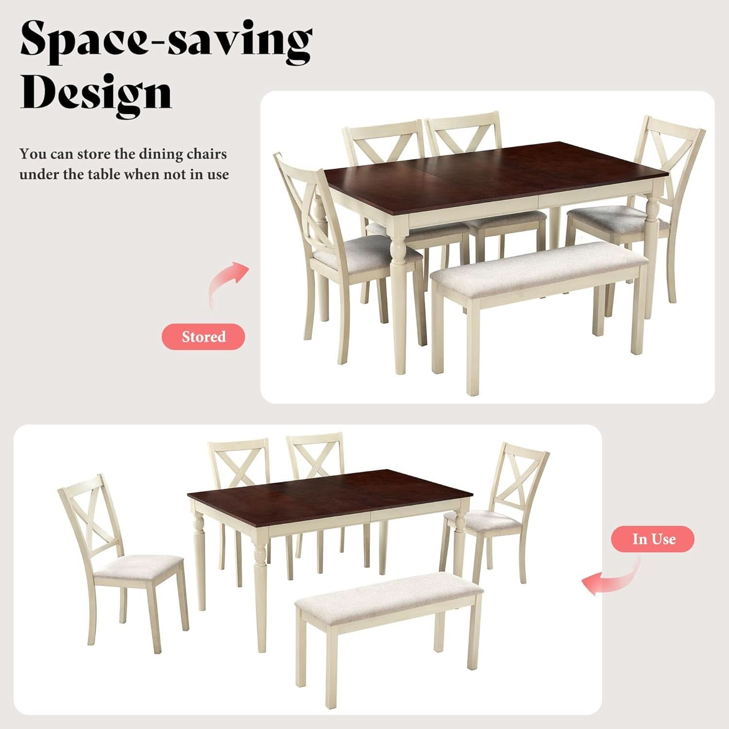 Sixty Inch Solid Wood Walnut Finish Dining Table Set Upholstered Chairs