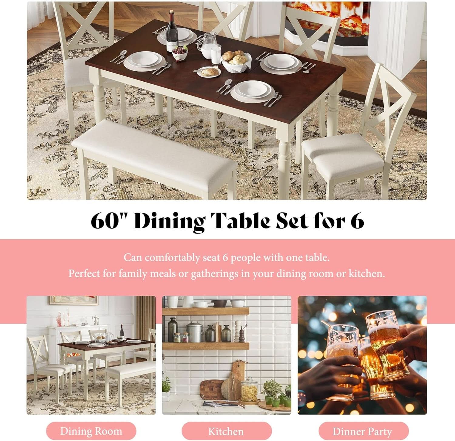 Sixty Inch Solid Wood Walnut Finish Dining Table Set Upholstered Chairs
