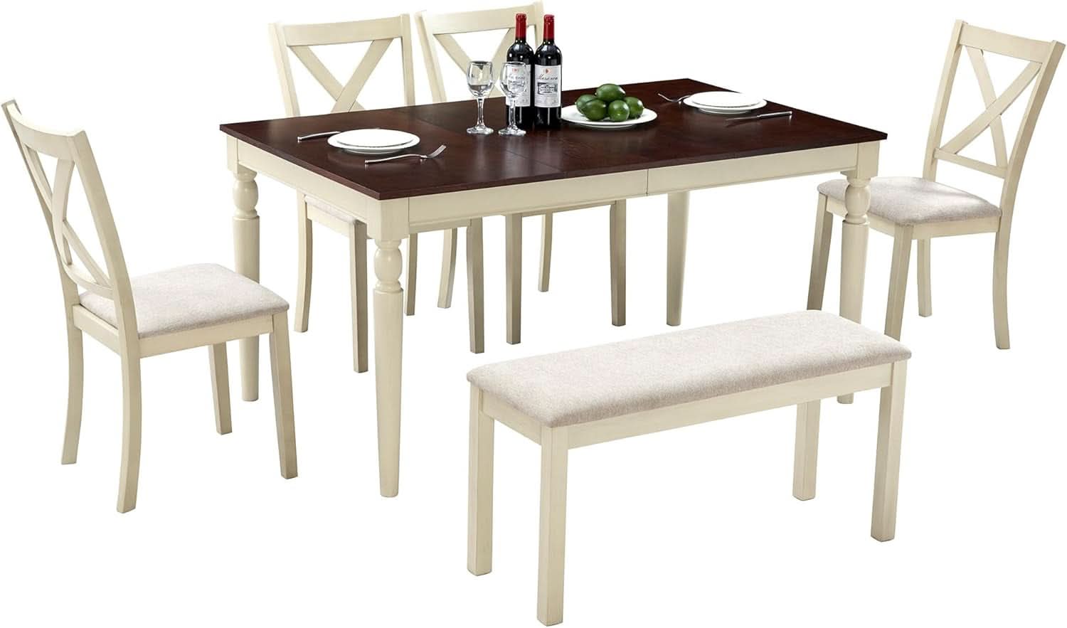 Sixty Inch Solid Wood Walnut Finish Dining Table Set Upholstered Chairs