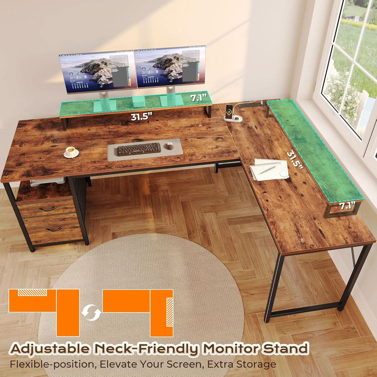 Sixty Three Inch L Shaped Desk USB Port Ergonomic Workspace