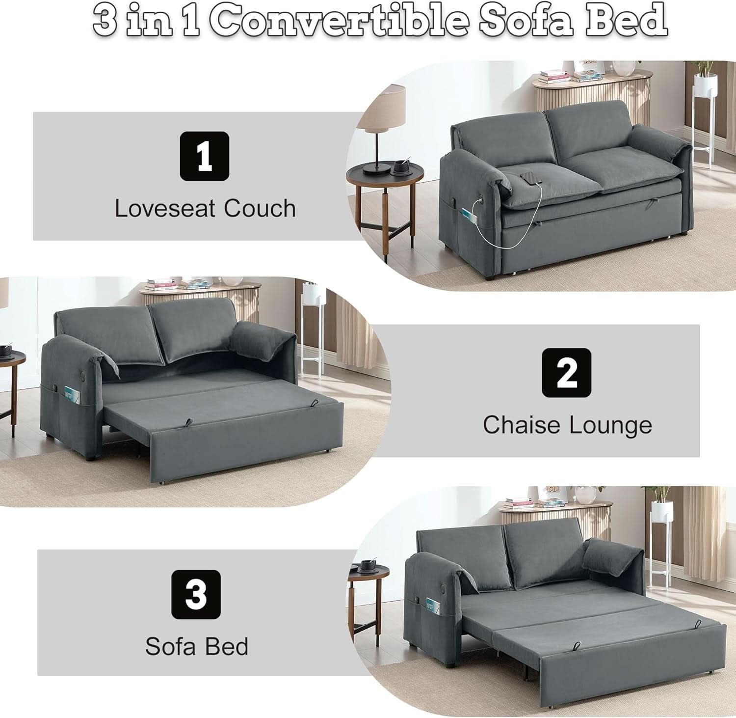 Sixty ThreeInch Pullout Velvet SofaBed Premium Edition
