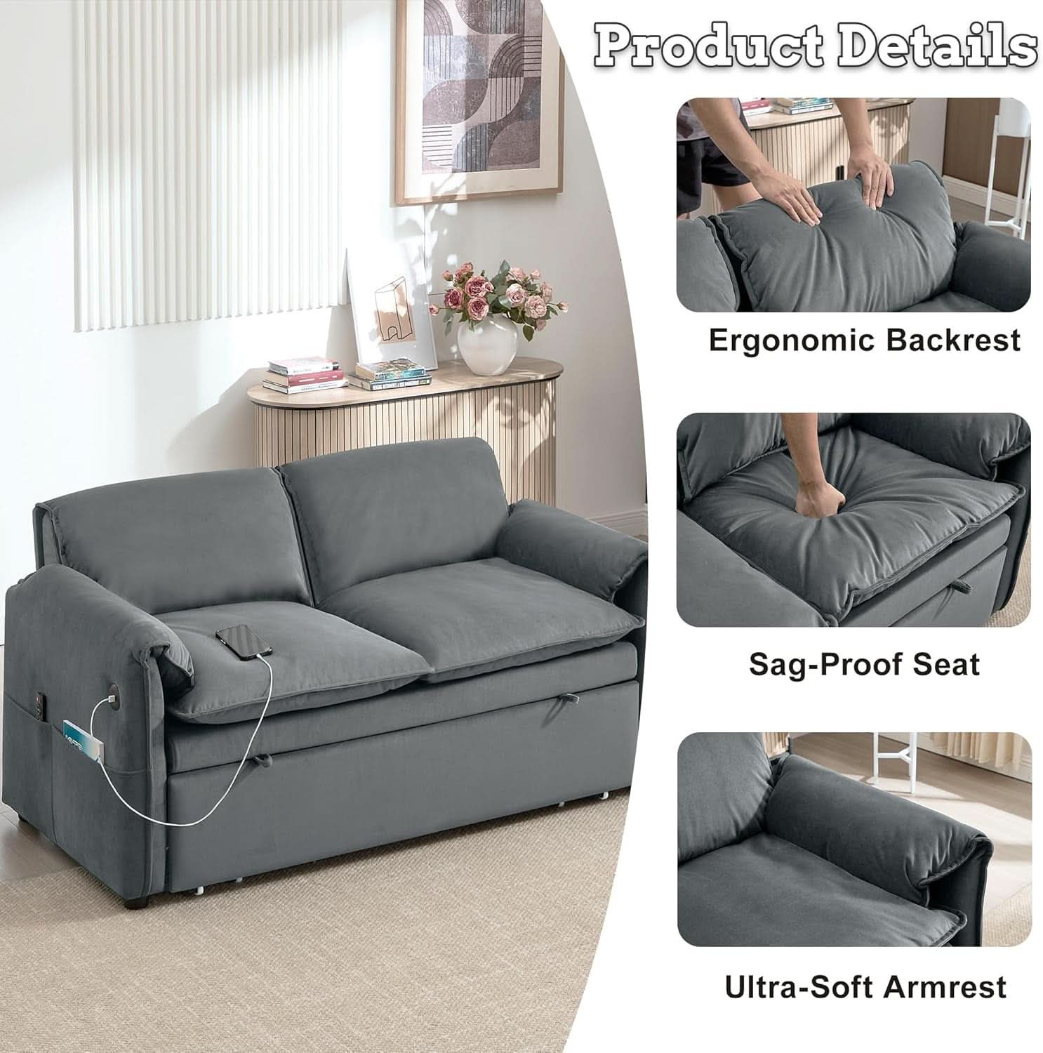 Sixty ThreeInch Pullout Velvet SofaBed Premium Edition
