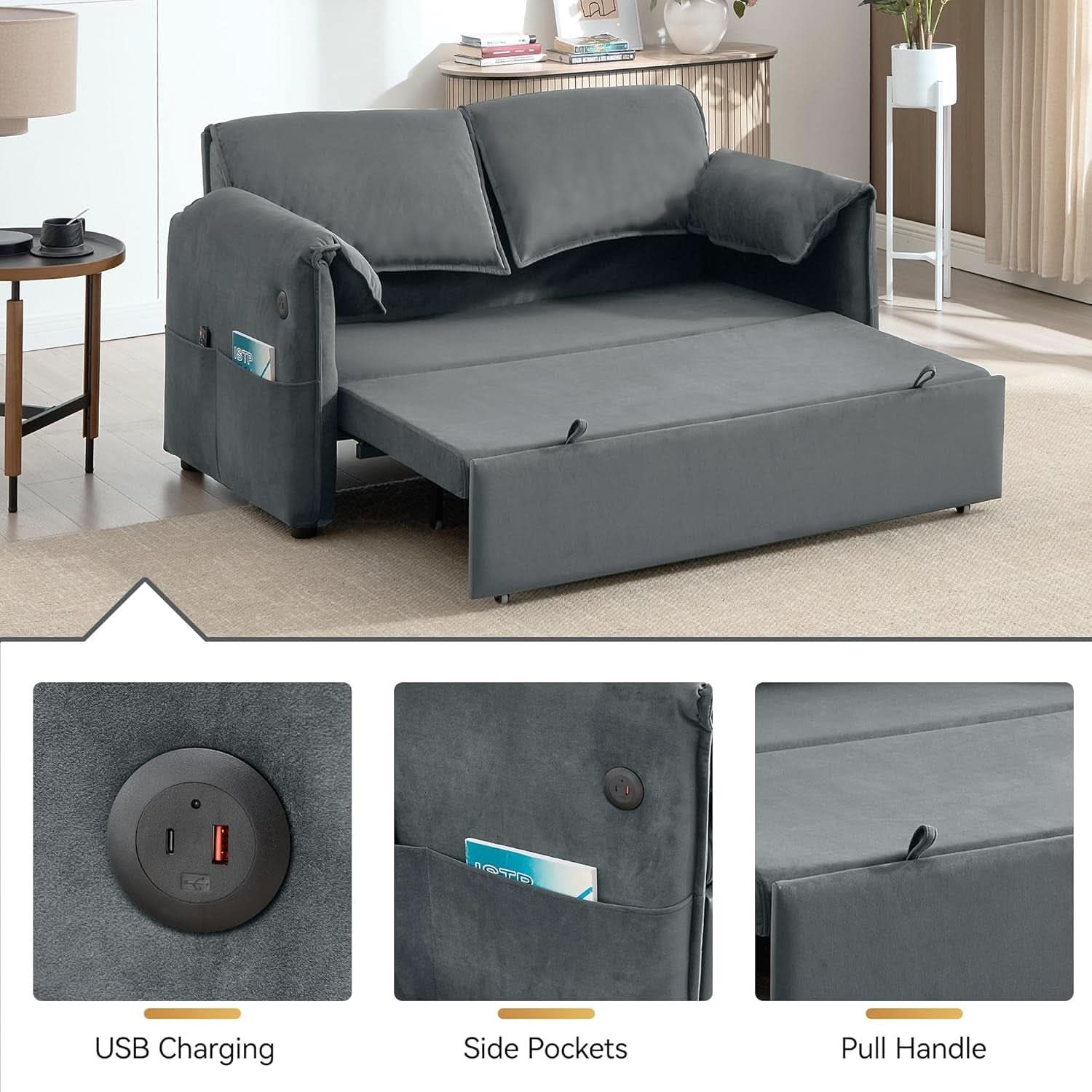 Sixty ThreeInch Pullout Velvet SofaBed Premium Edition