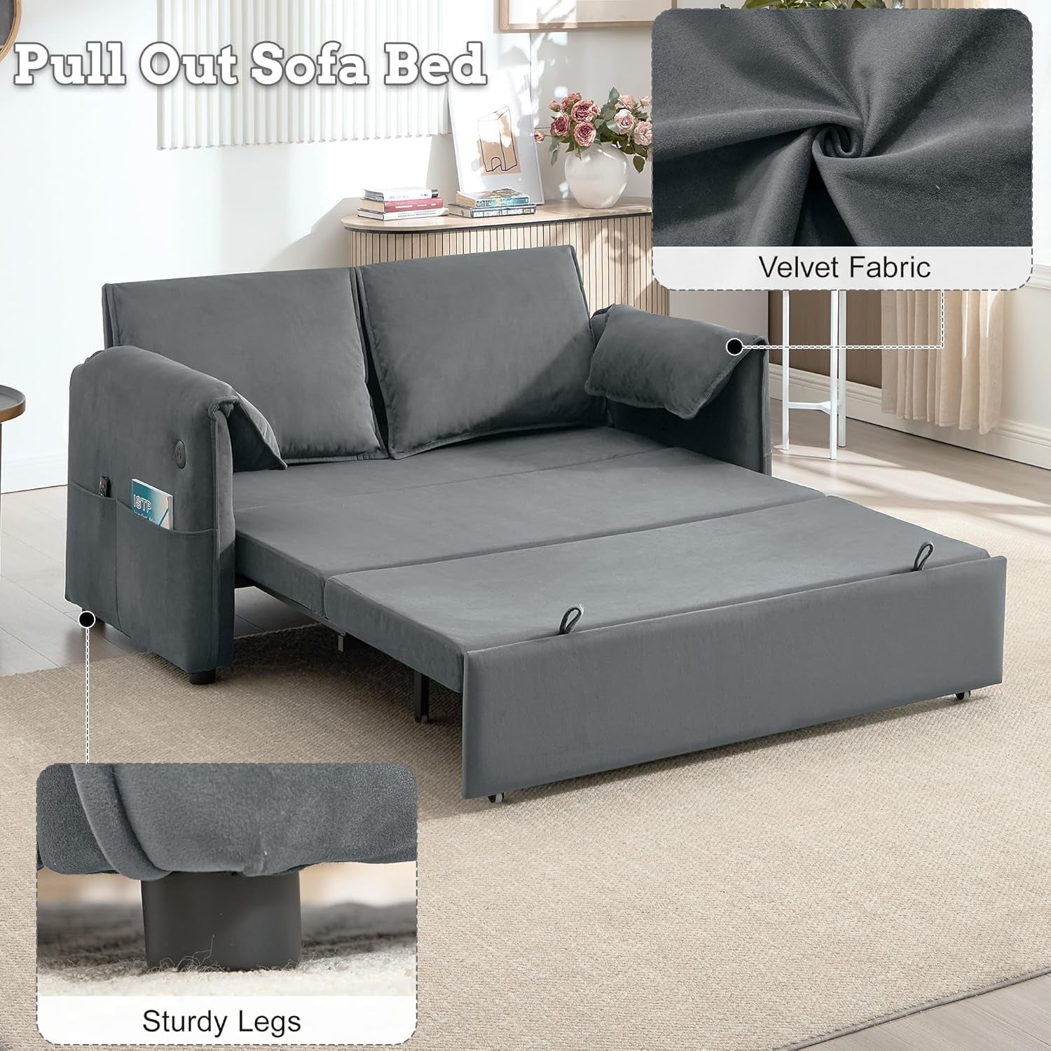 Sixty ThreeInch Pullout Velvet SofaBed Premium Edition