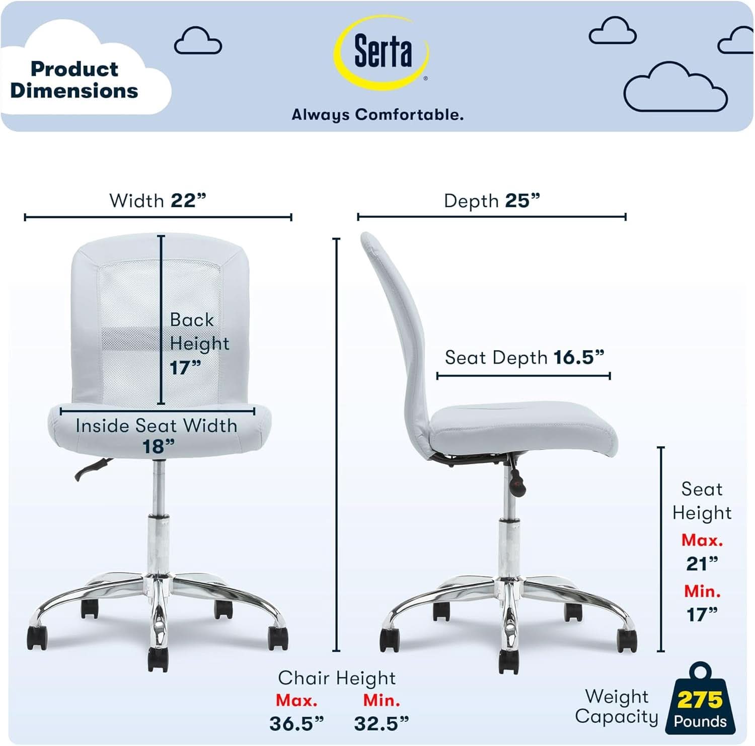 Sky Blue Armless Desk Chair With Breathable Mesh Back