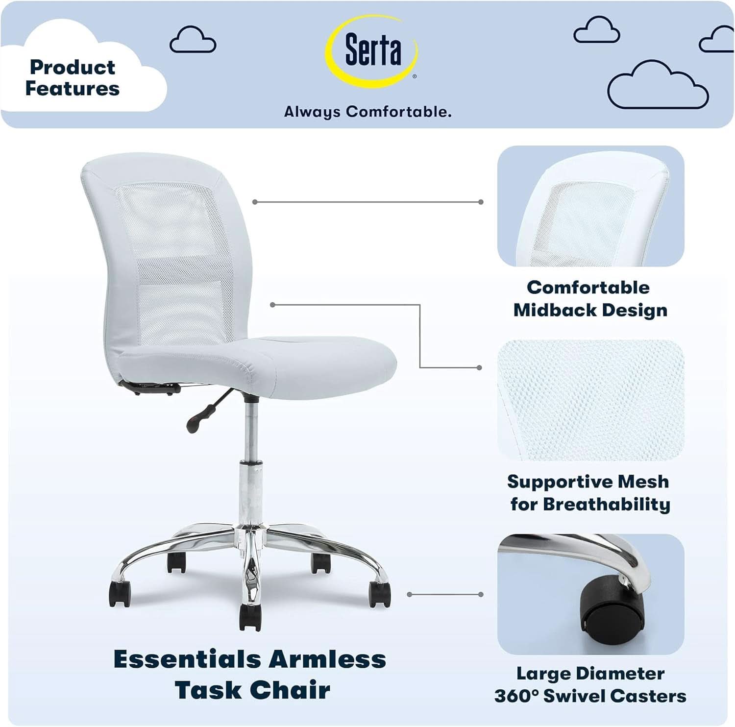 Sky Blue Armless Desk Chair With Breathable Mesh Back
