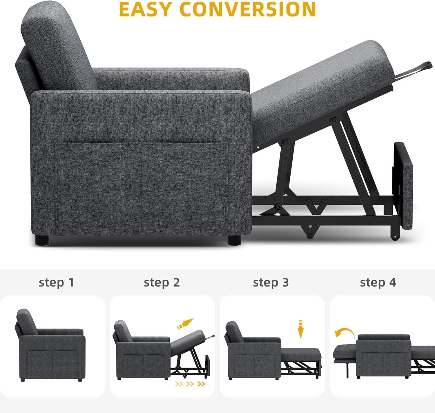 SlateGray Convertible Sleeper Sofa Bed With Armrests