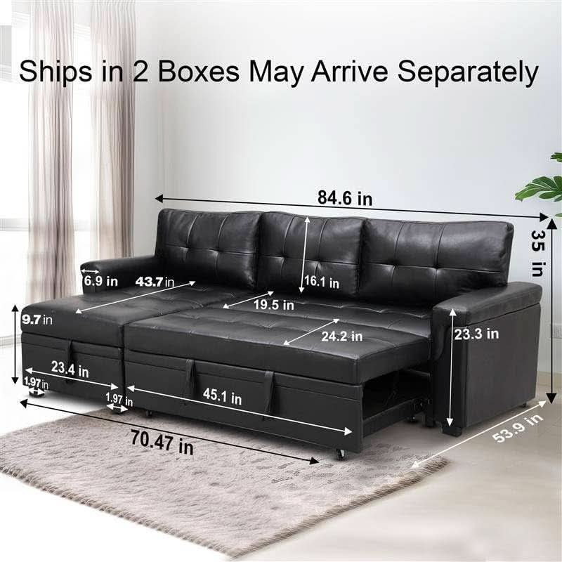 Sleeper Sectional Sofa Black Leather With Convertible Bed