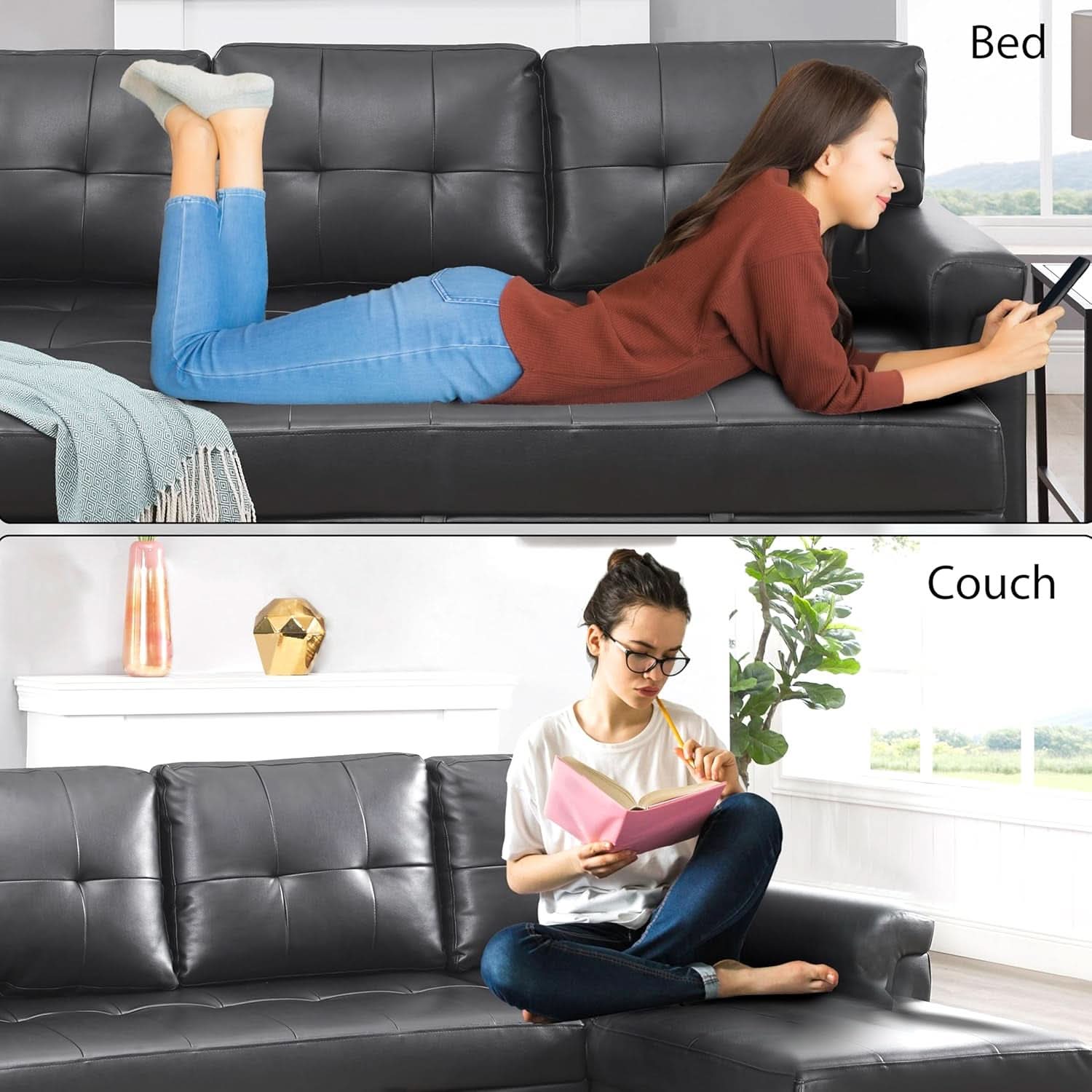 Sleeper Sectional Sofa Black Leather With Convertible Bed