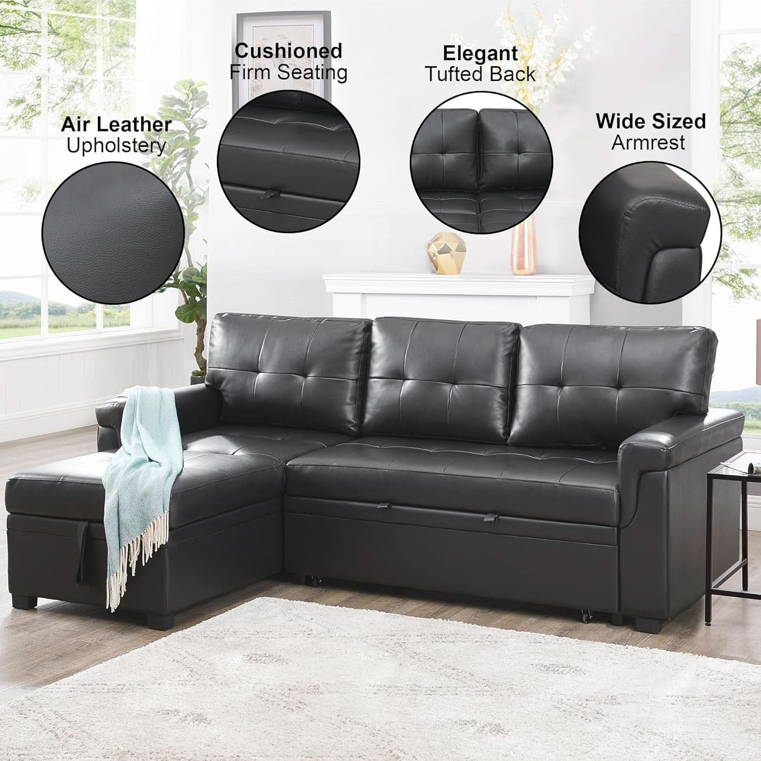 Sleeper Sectional Sofa Black Leather With Convertible Bed