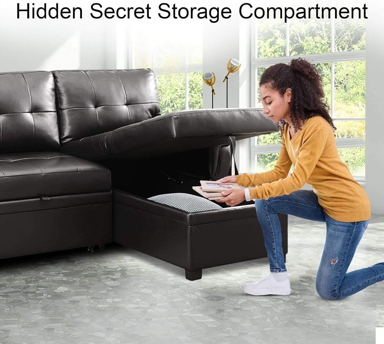 Sleeper Sectional Sofa Black Leather With Convertible Bed