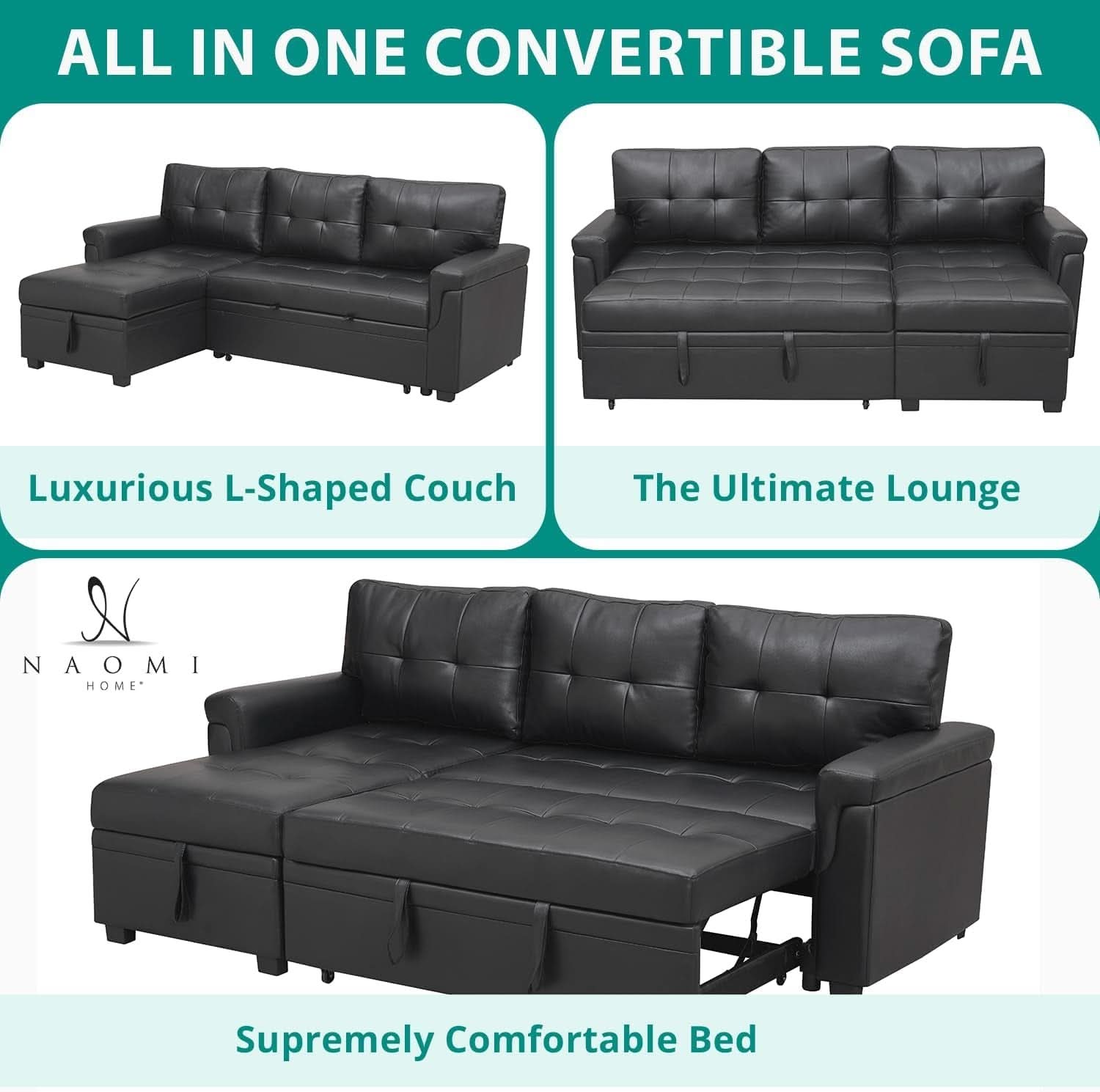 Sleeper Sectional Sofa Black Leather With Convertible Bed