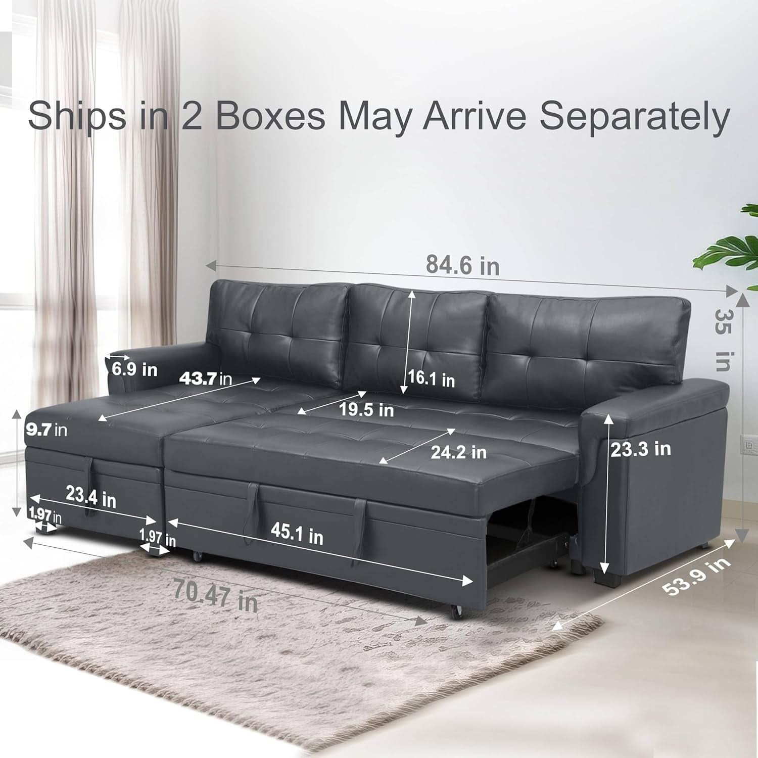 Sleeper Sectional Sofa With Convertible Bed In Dark Gray