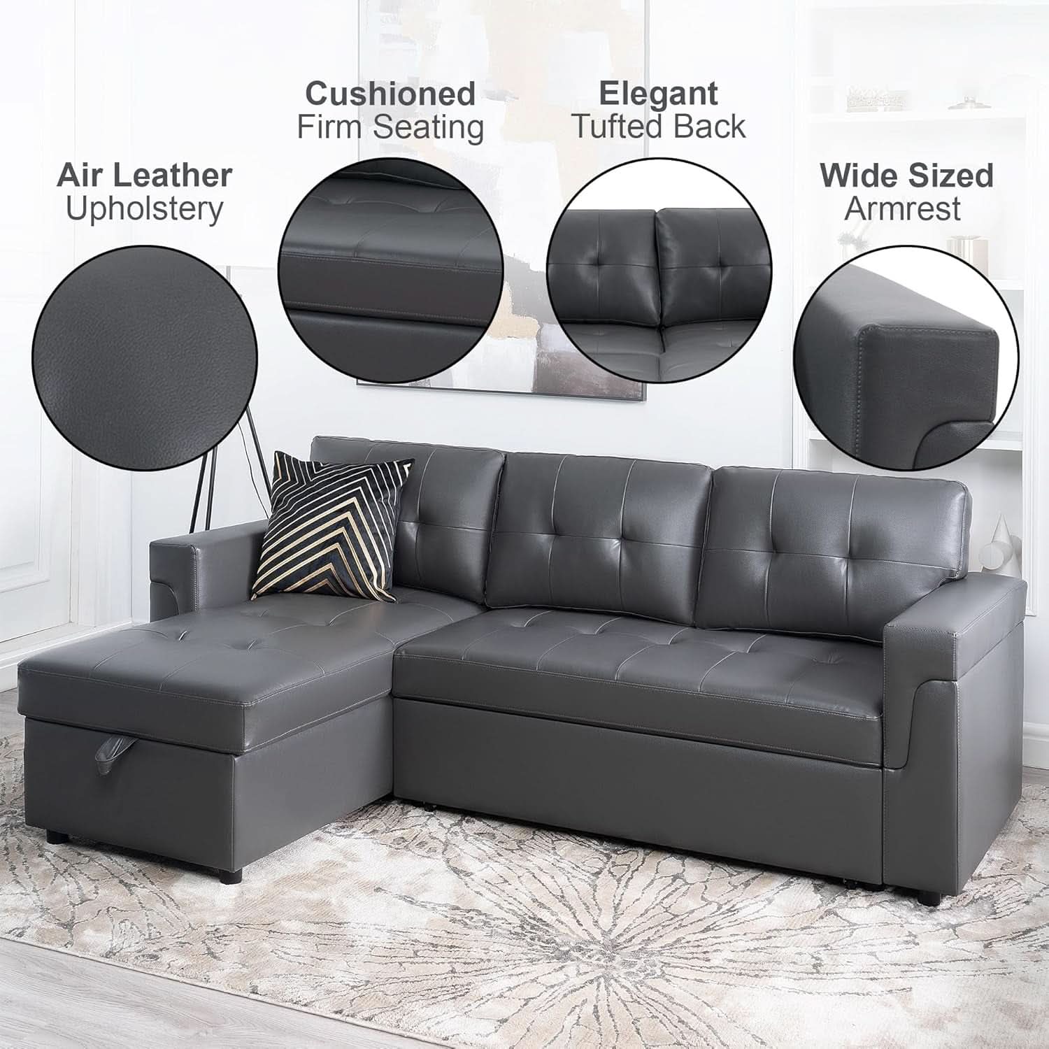 Sleeper Sectional Sofa With Convertible Bed In Dark Gray